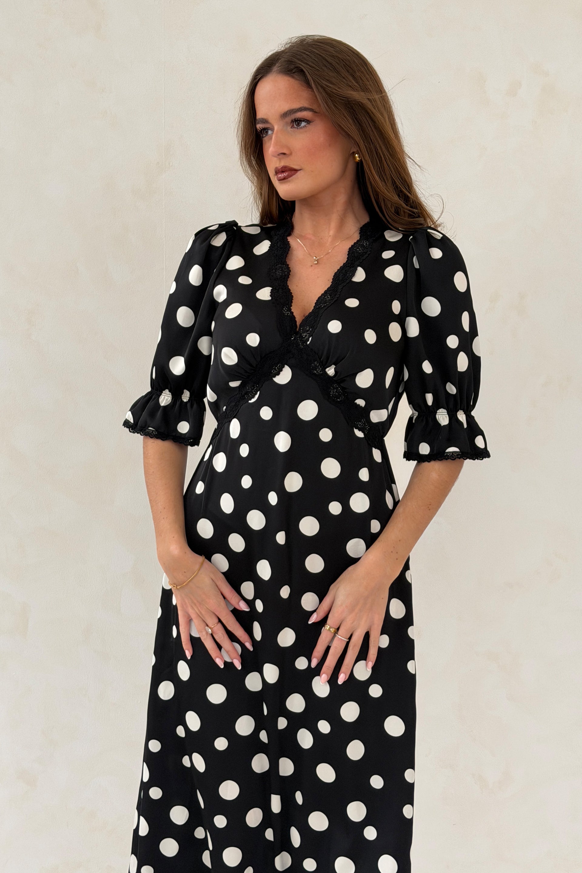 emo black dress Coraline Black polka-dot ruffled midi dress, L / Black main image 1