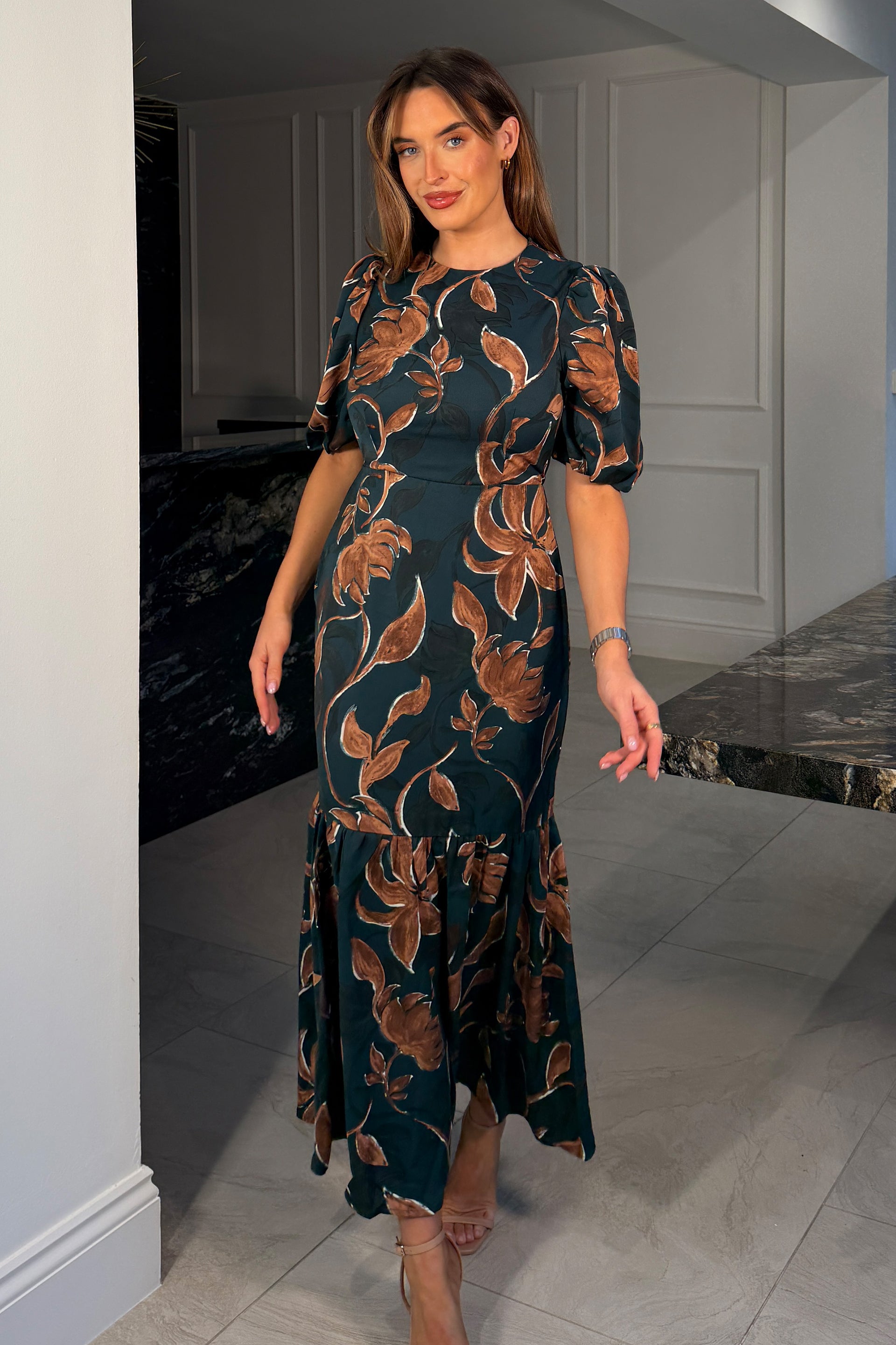 Briege Green Puff Sleeve Floral Ruffle Hem Midi Dress