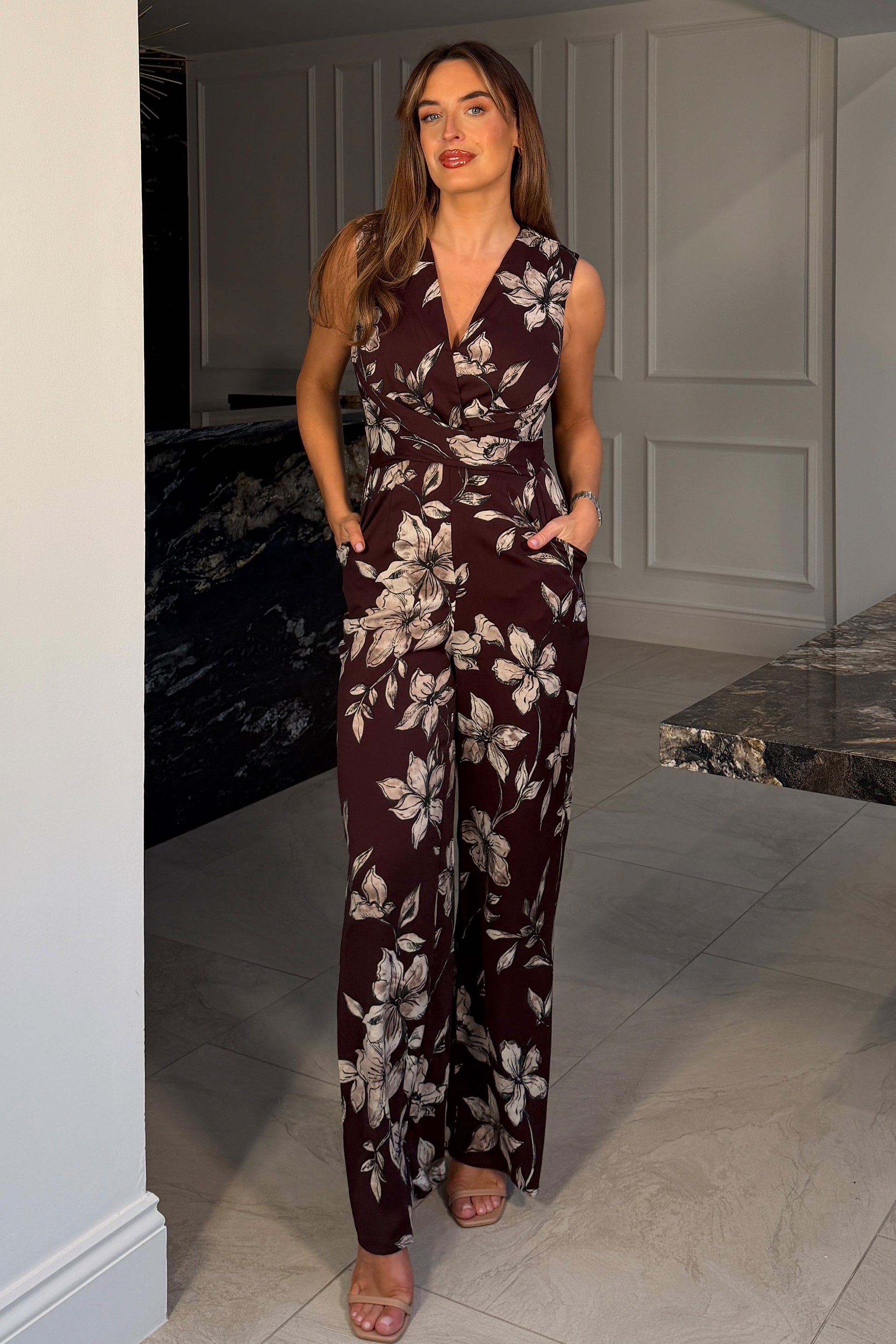 Sinead Sleeveless V-Neck Floral Print Burgundy Jumpsuit