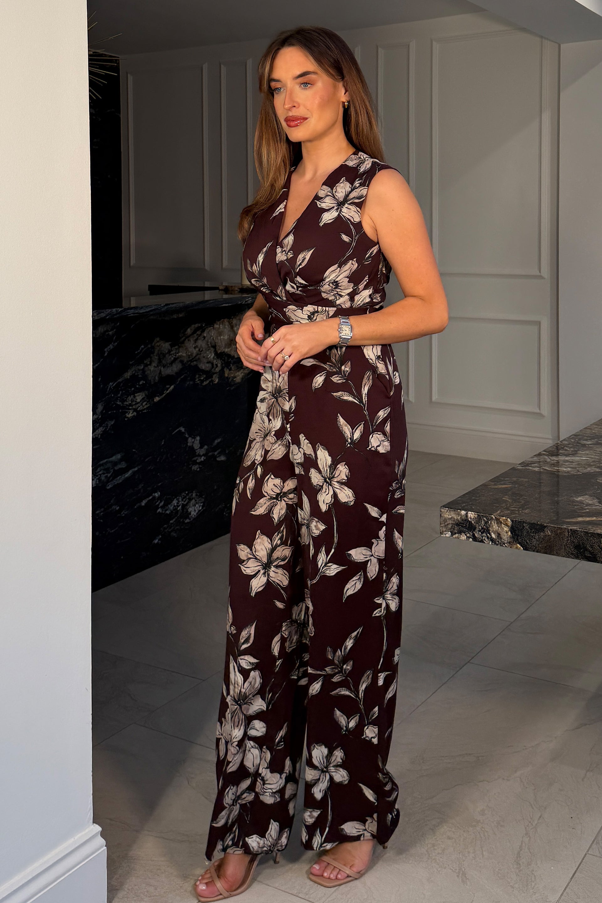Sinead Sleeveless V-Neck Floral Print Burgundy Jumpsuit