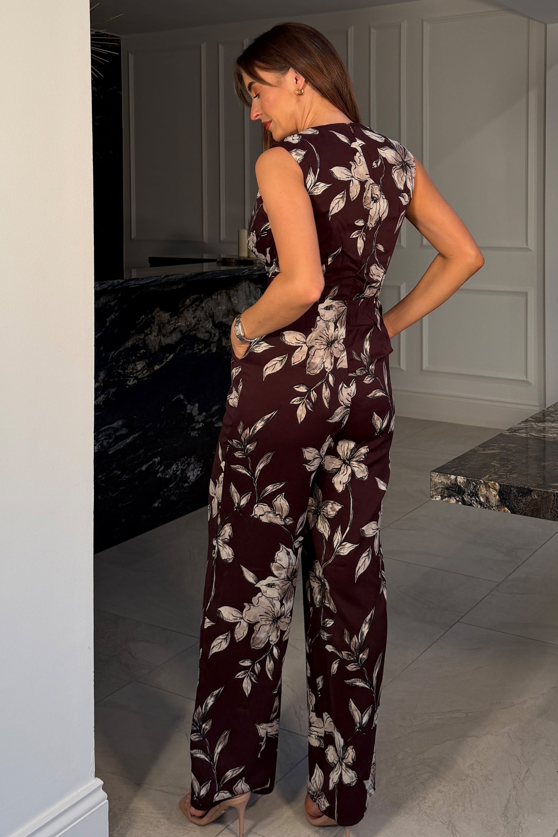 Sinead Sleeveless V-Neck Floral Print Burgundy Jumpsuit