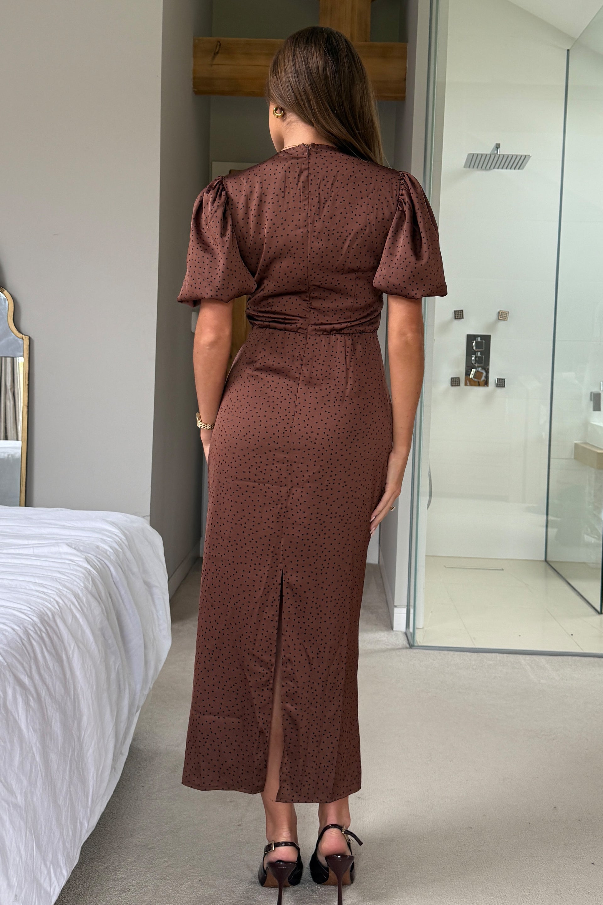 Clare V-Neck Ruched Detailing Brown Polka Midi Dress