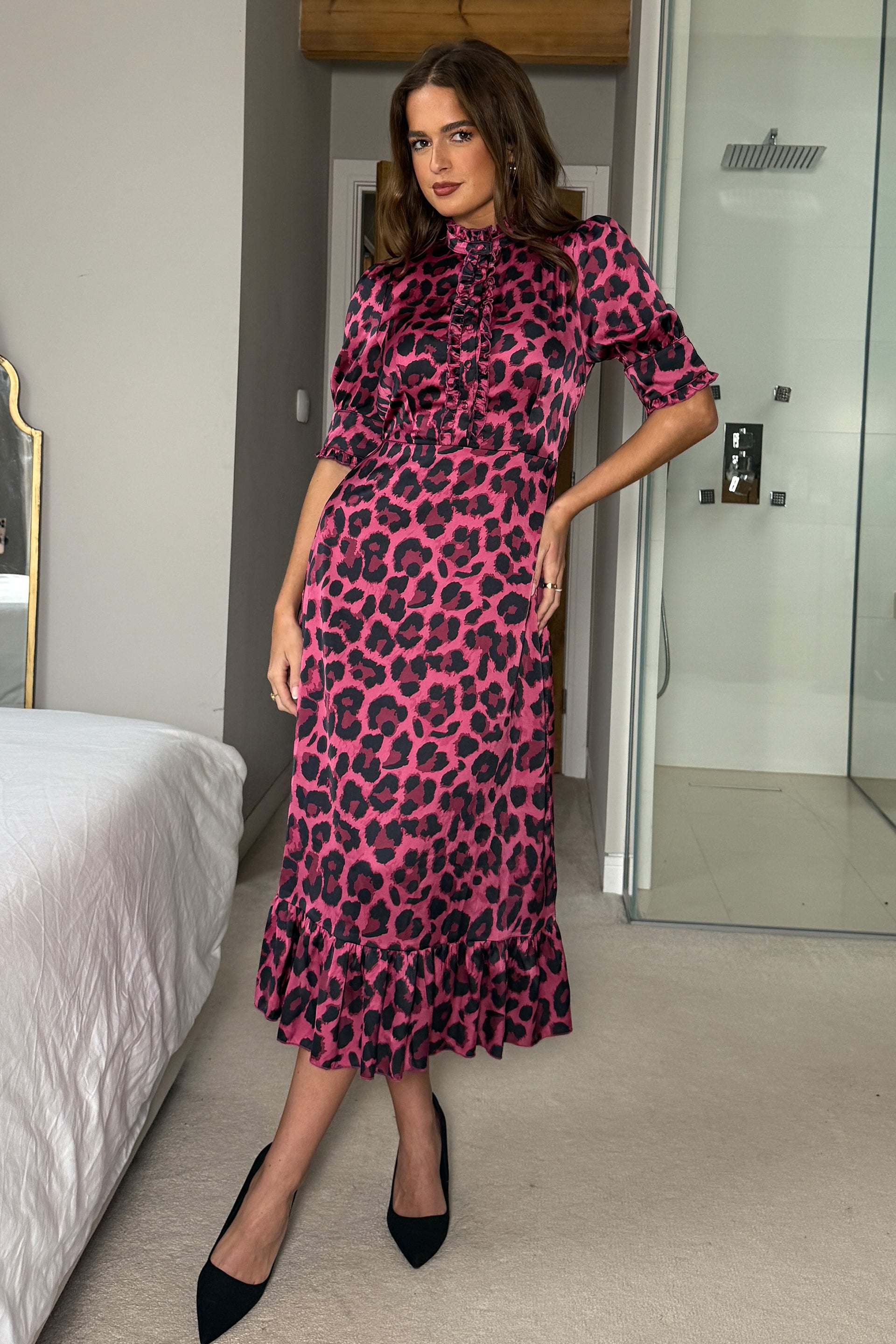 Kirsty Ruffle Hem Midi Dress Pink Leopard