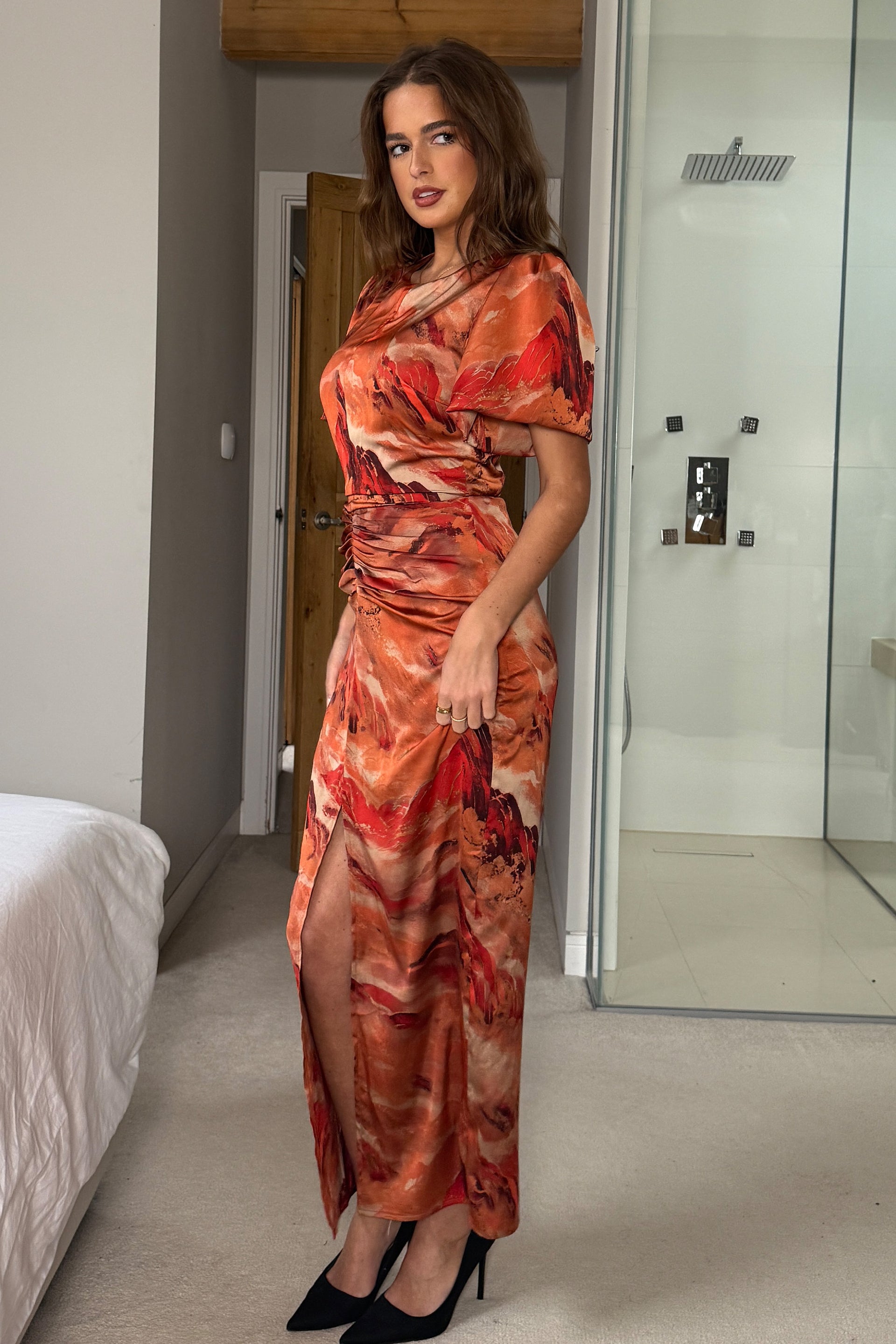 Karen Ruched Satin Print Slit Maxi Dress