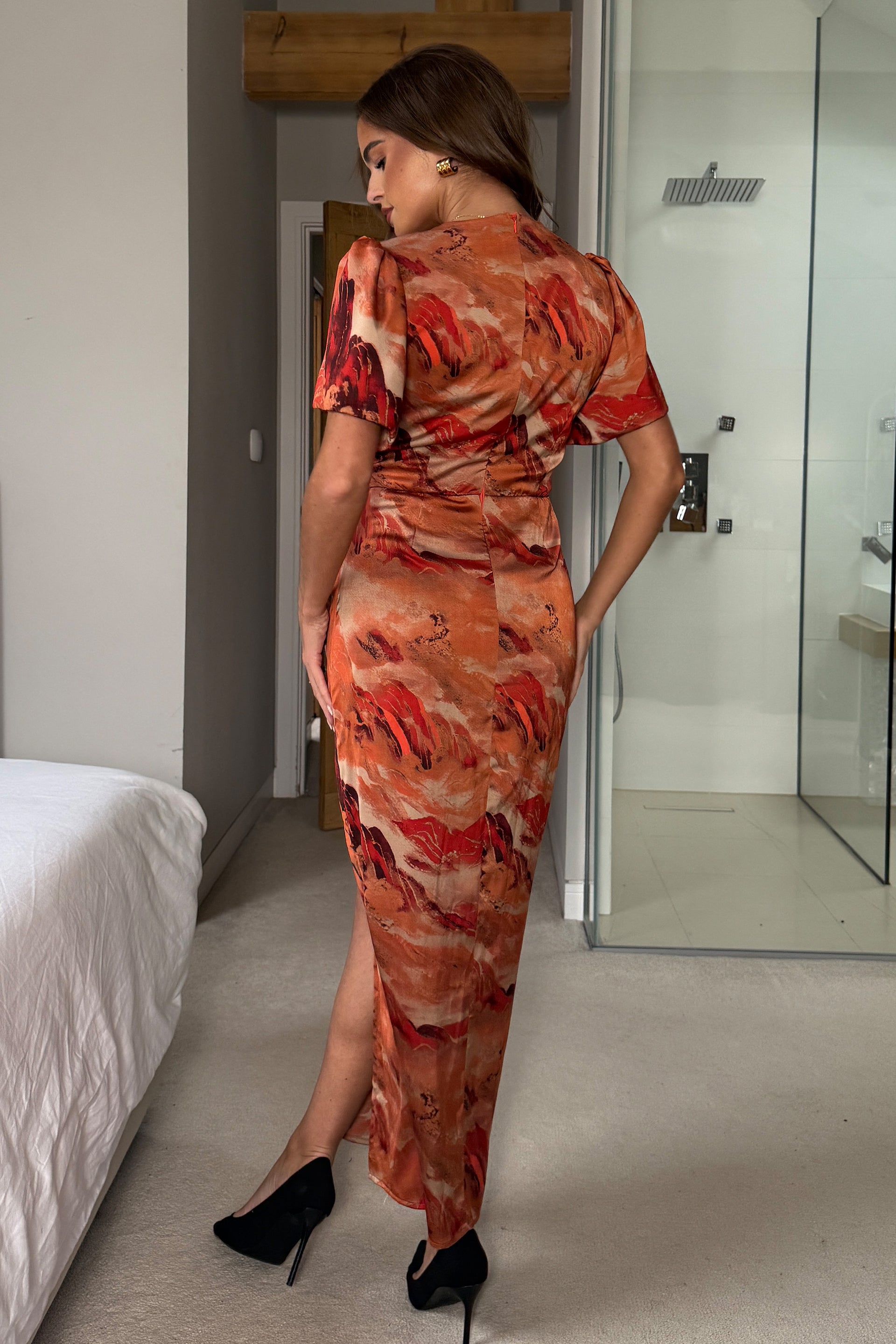 Karen Ruched Satin Print Slit Maxi Dress