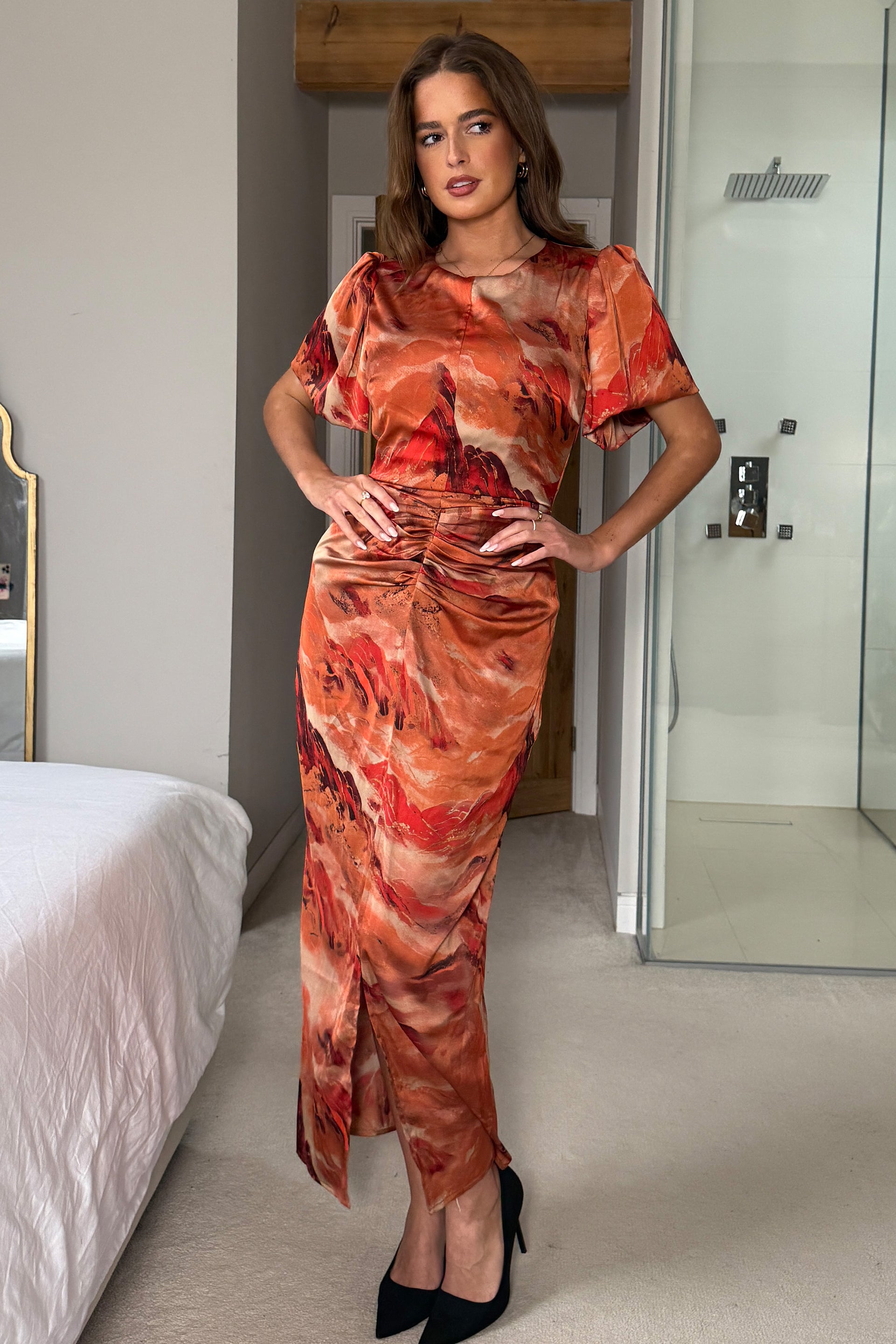 Karen Ruched Satin Print Slit Maxi Dress