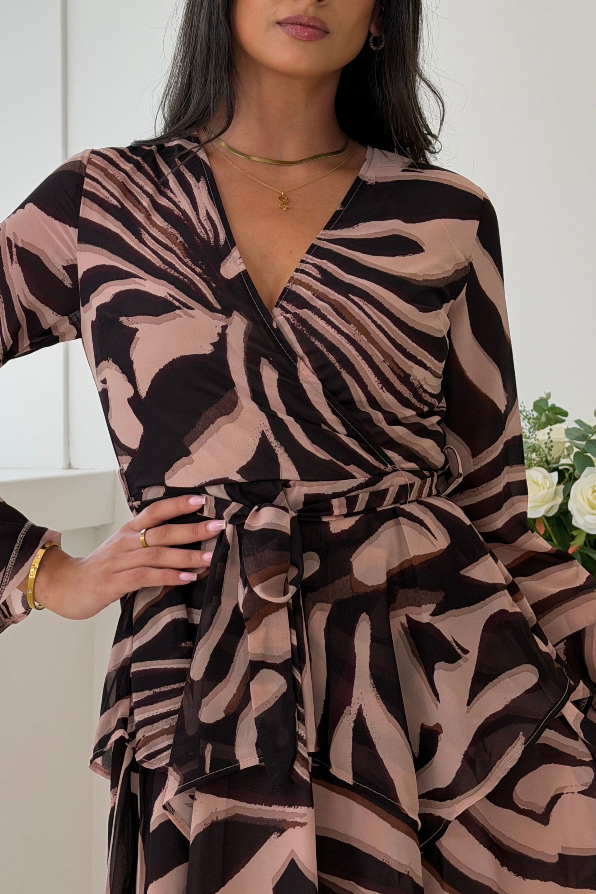 Susie Tiered Skirt Flared Sleeve Mini Dress Brown Zebra