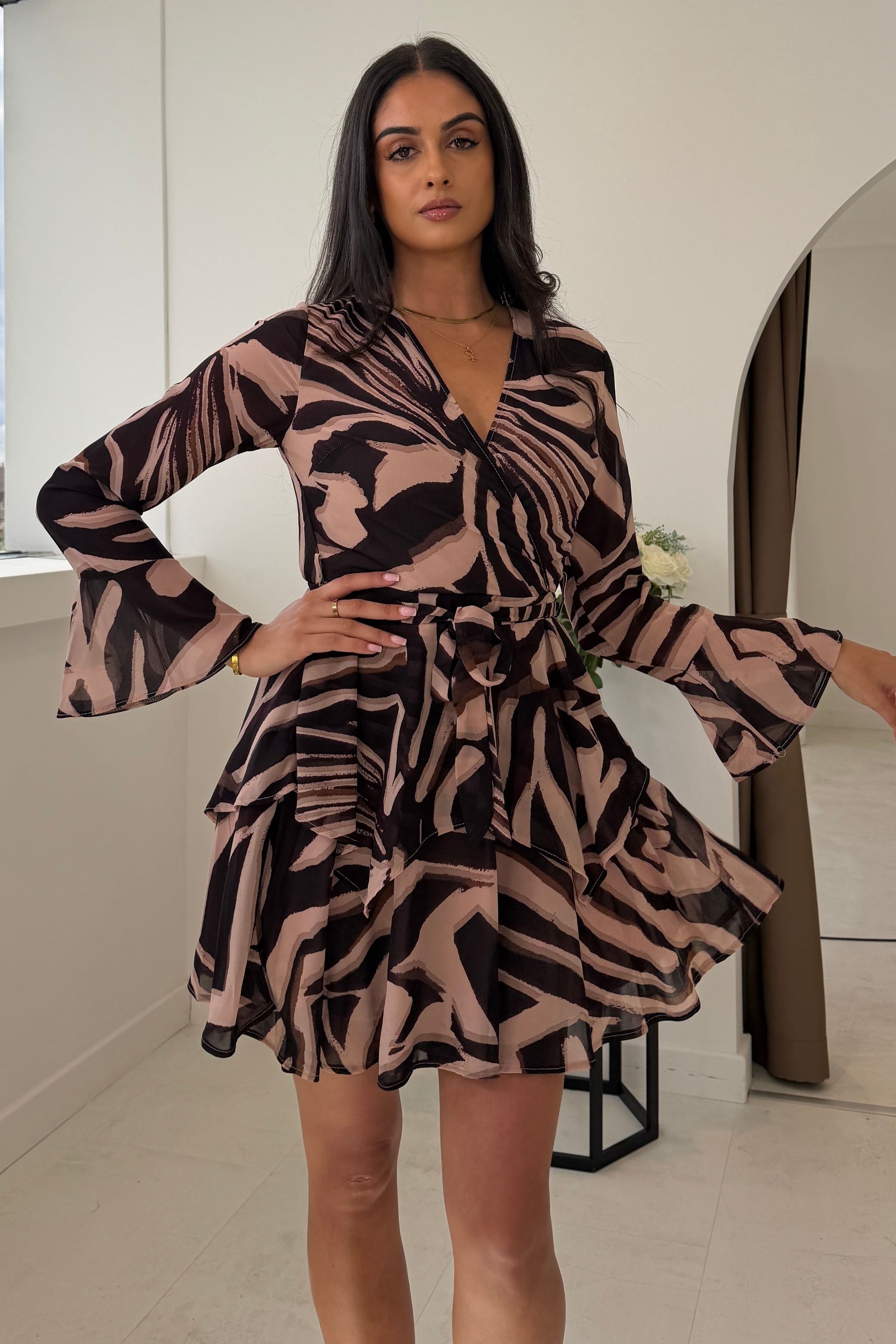 Susie Tiered Skirt Flared Sleeve Mini Dress Brown Zebra