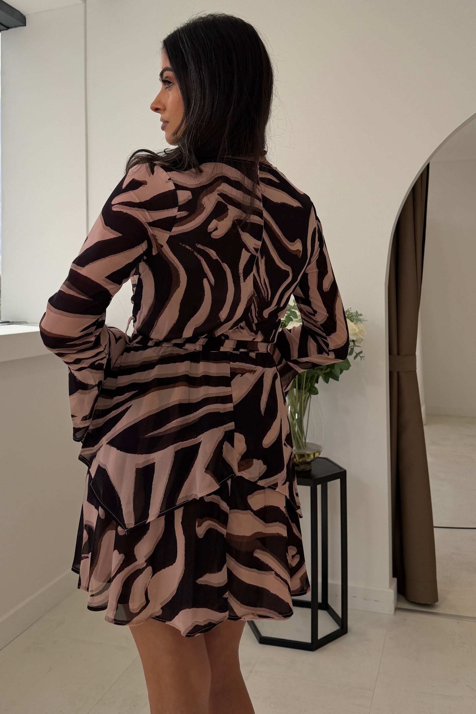 Susie Tiered Skirt Flared Sleeve Mini Dress Brown Zebra