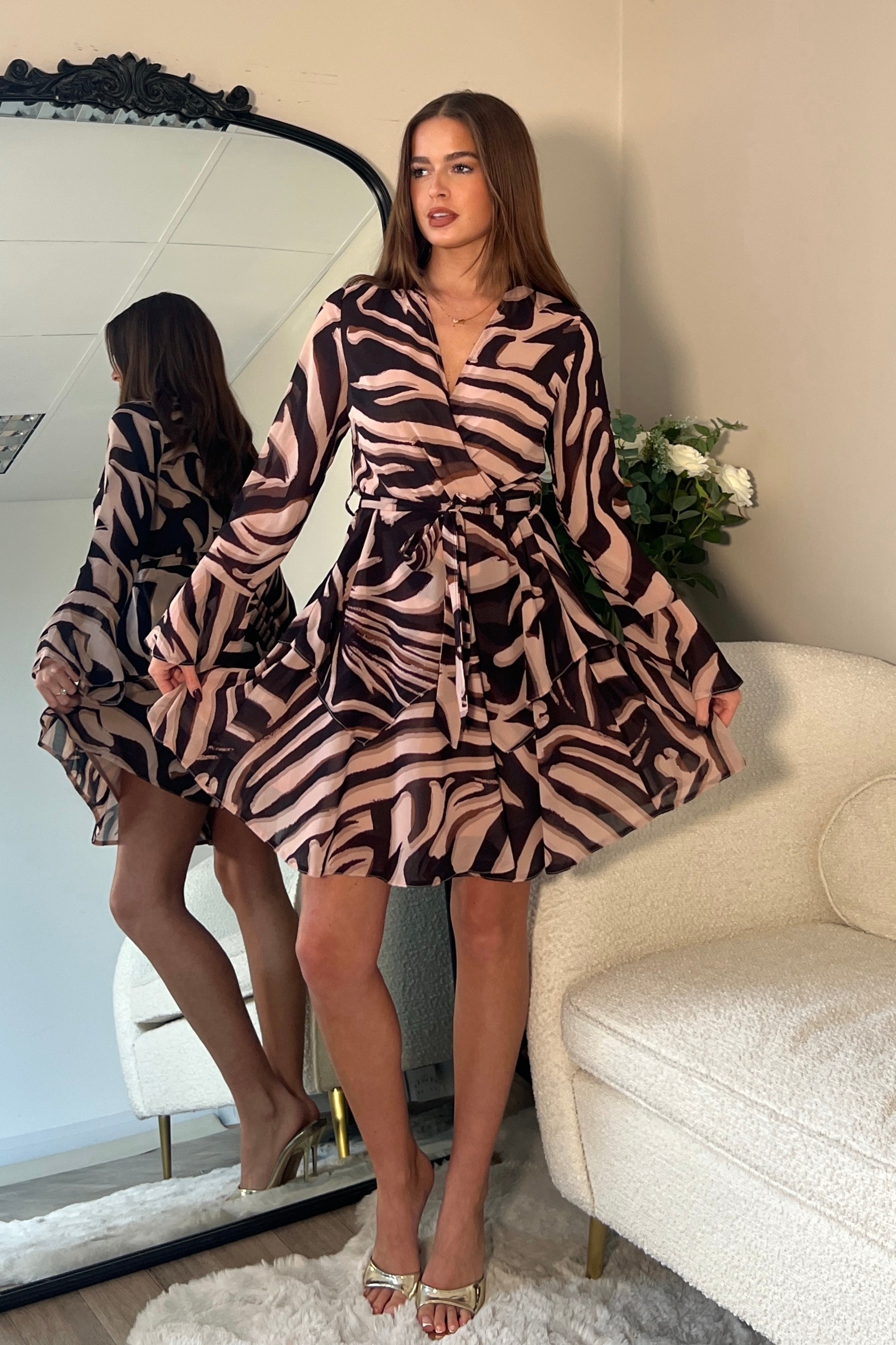 Susie Tiered Skirt Flared Sleeve Mini Dress Brown Zebra