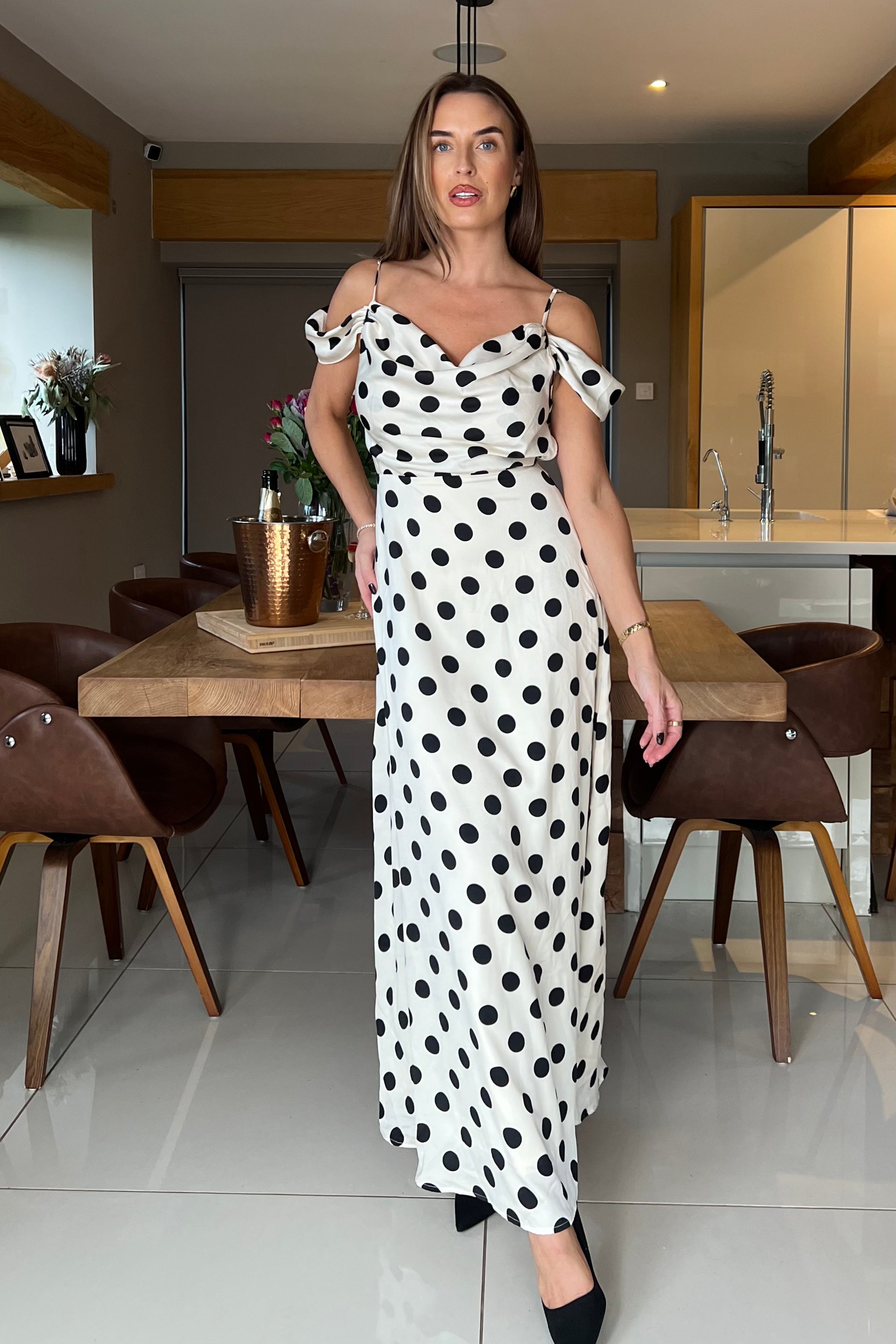 Julie Cowl Neck Maxi Dress White Spot
