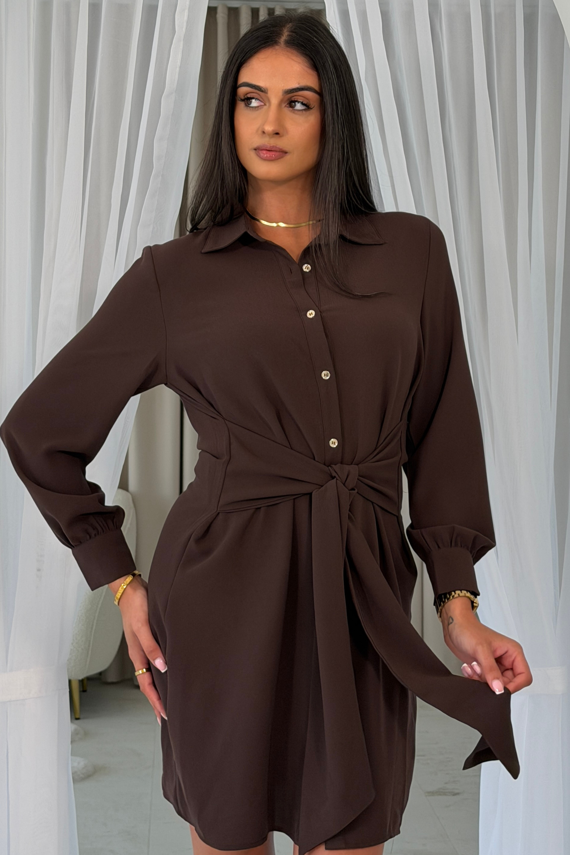 Mira Tie Mini Shirt Dress Brown