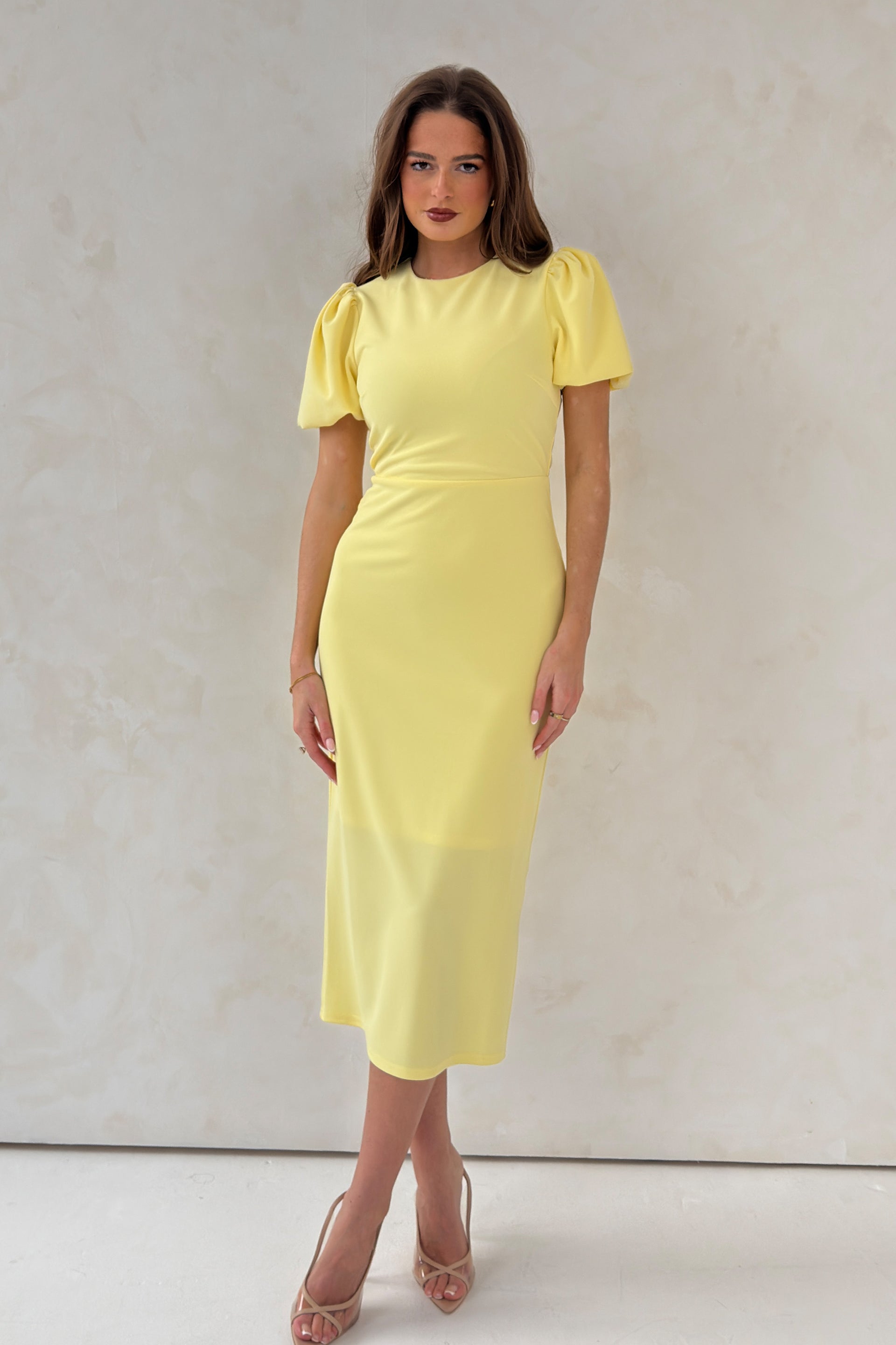 Sue Puff Sleeve Round Neck Midi Dress Yellow