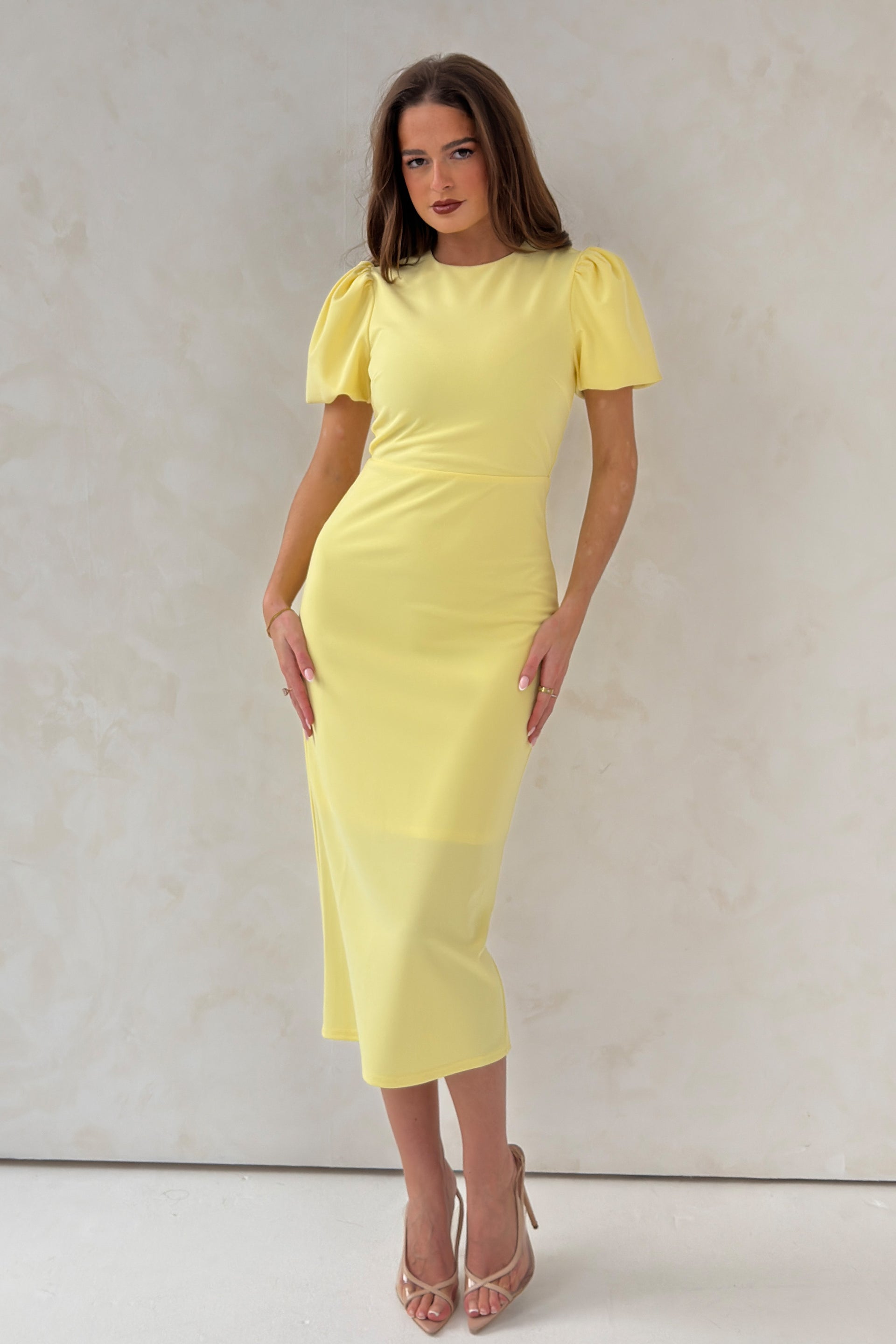 Sue Puff Sleeve Round Neck Midi Dress Yellow