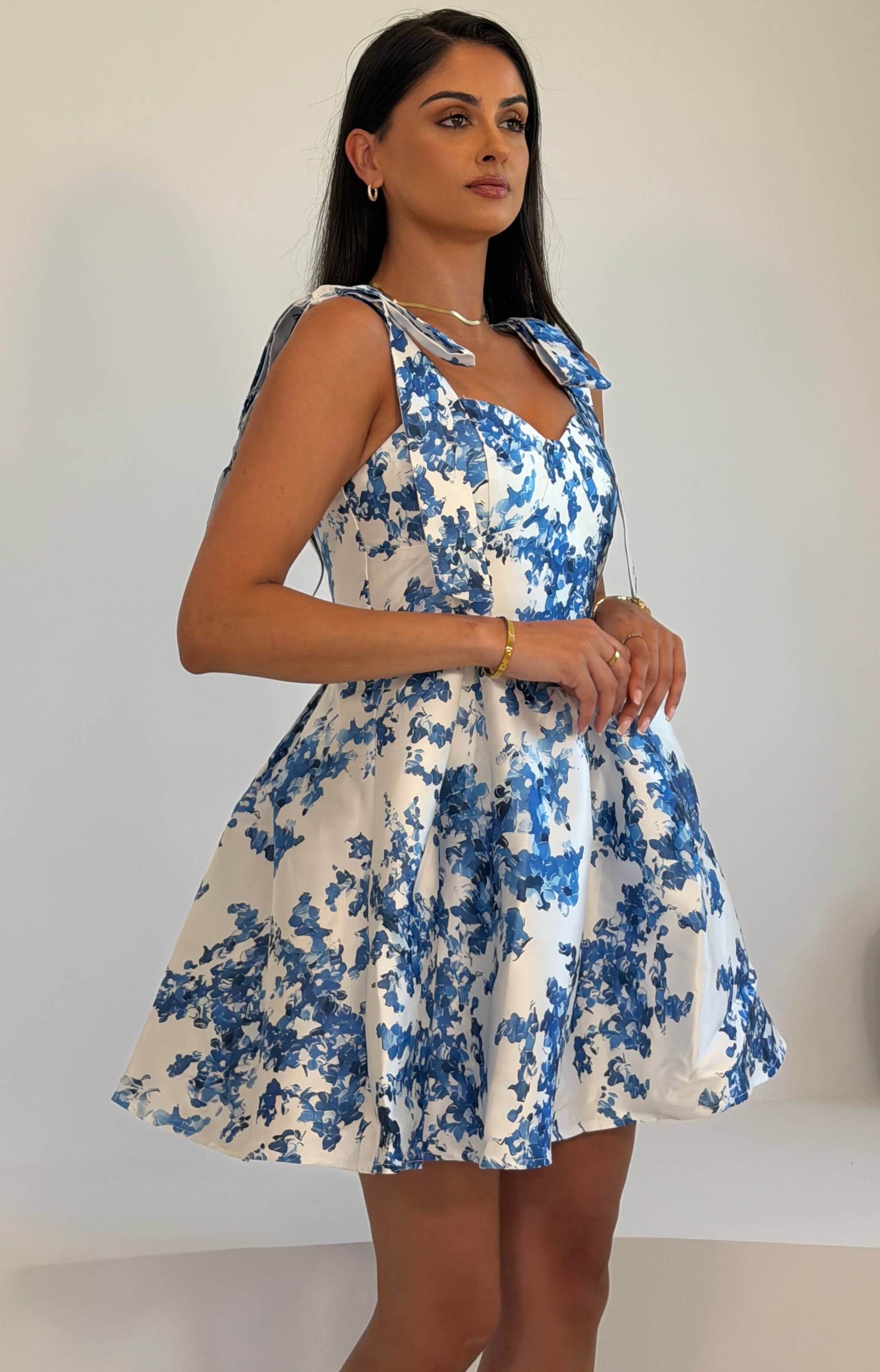 Terry Bow Detail Skater Mini Blue Floral