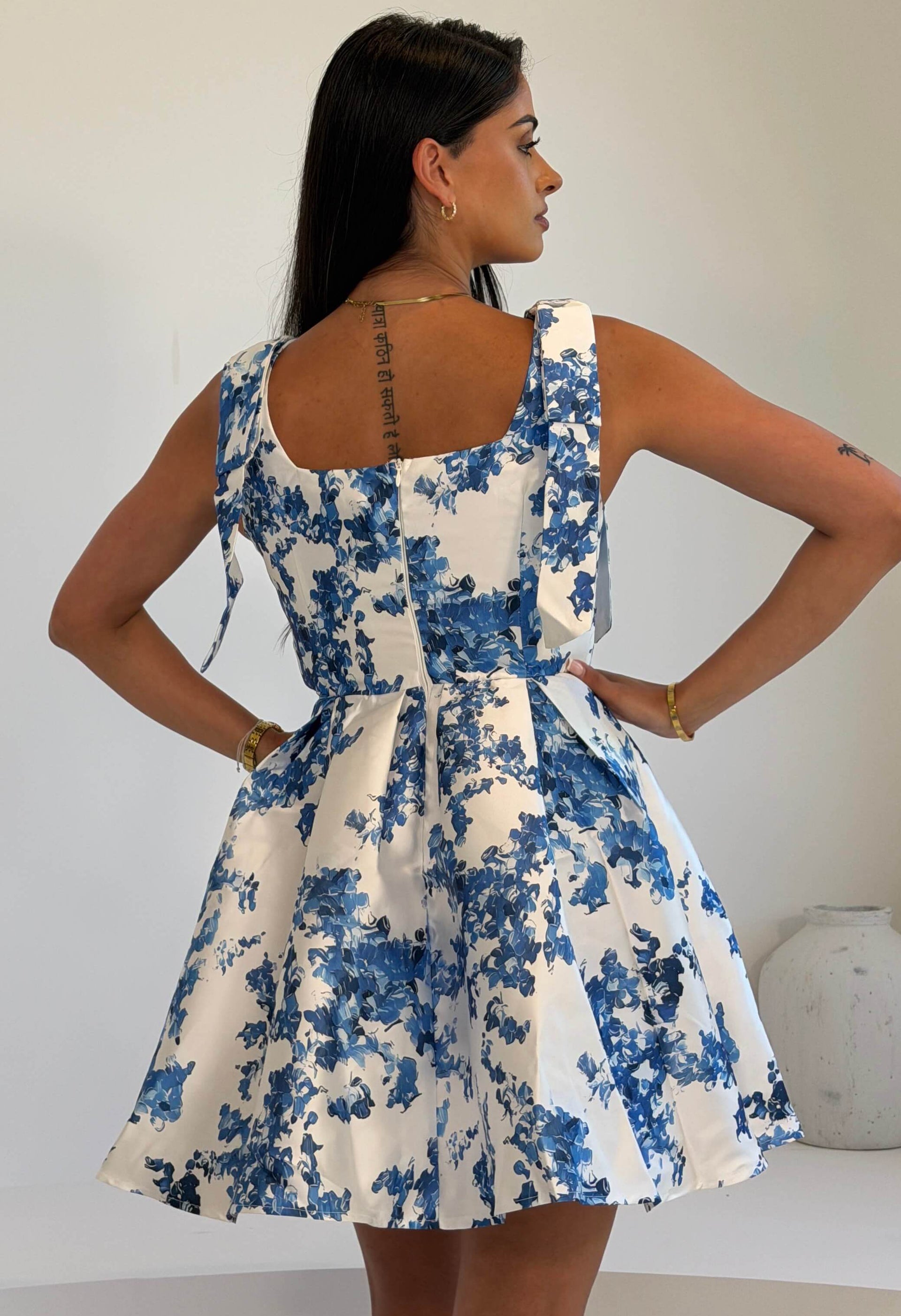 Terry Bow Detail Skater Mini Blue Floral