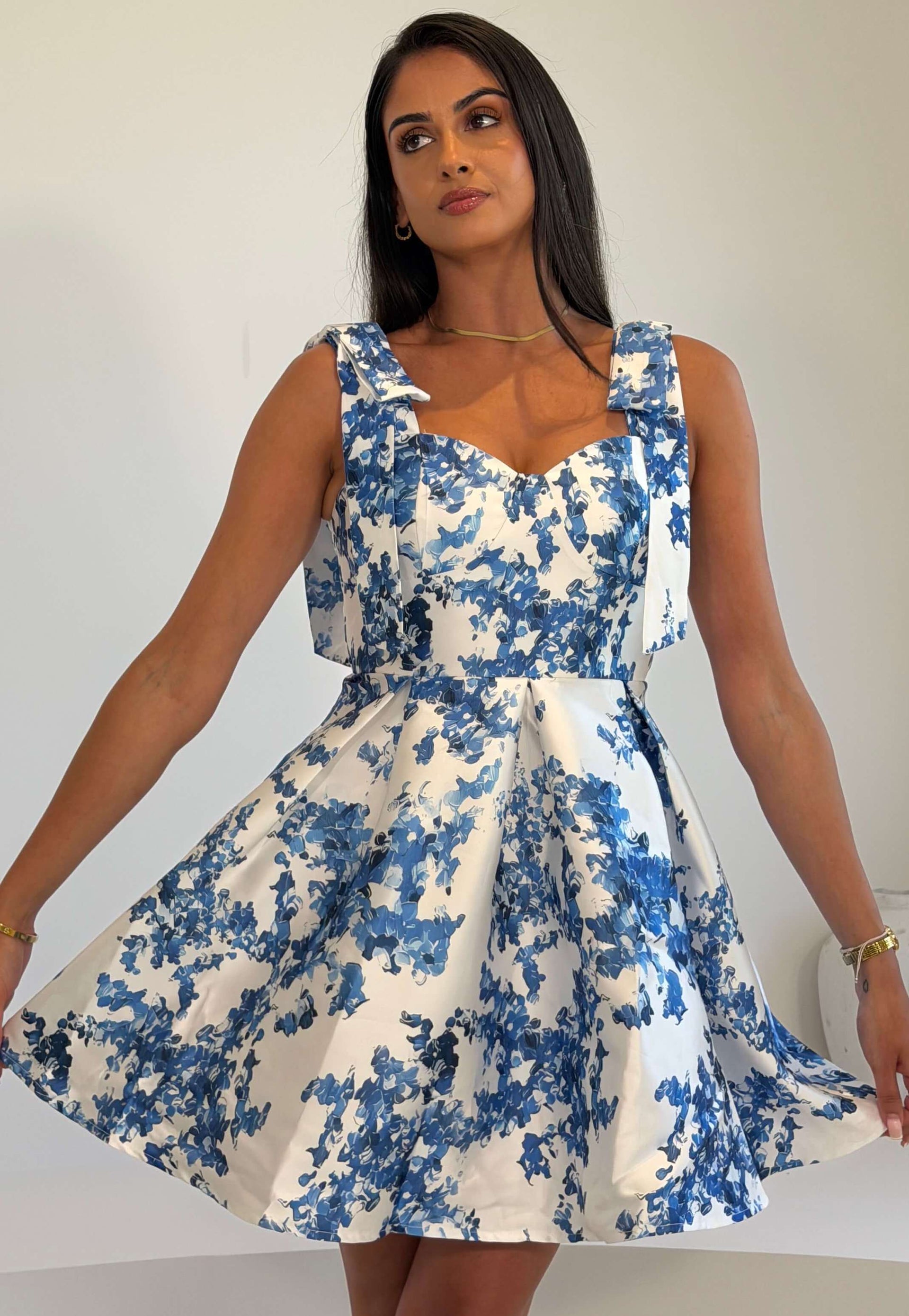 Terry Bow Detail Skater Mini Blue Floral