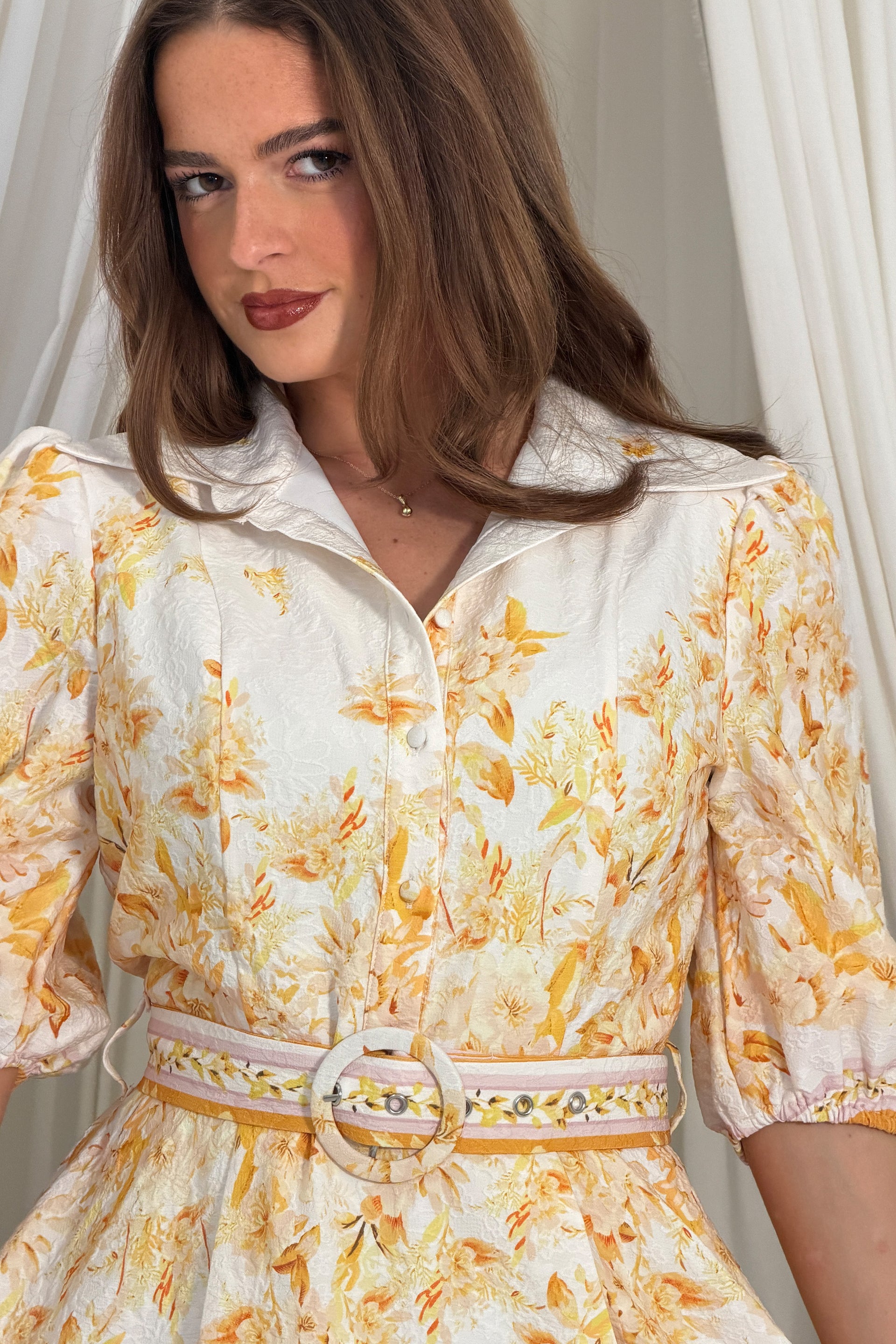 Holland Cream and Yellow Floral Collar Midi Dress