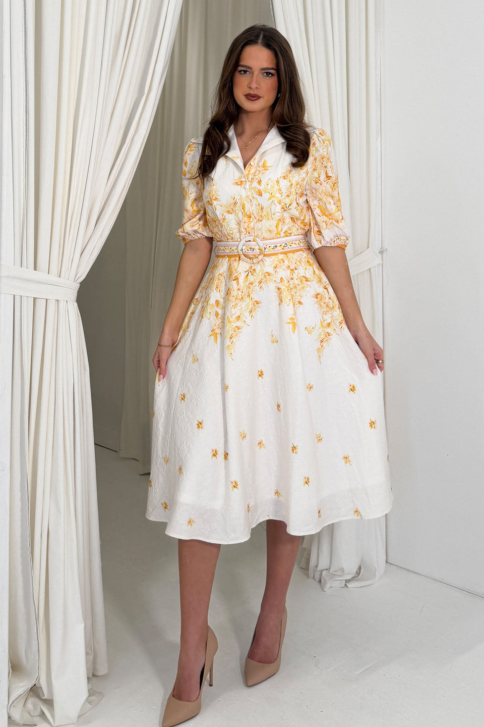 Holland Cream and Yellow Floral Collar Midi Dress