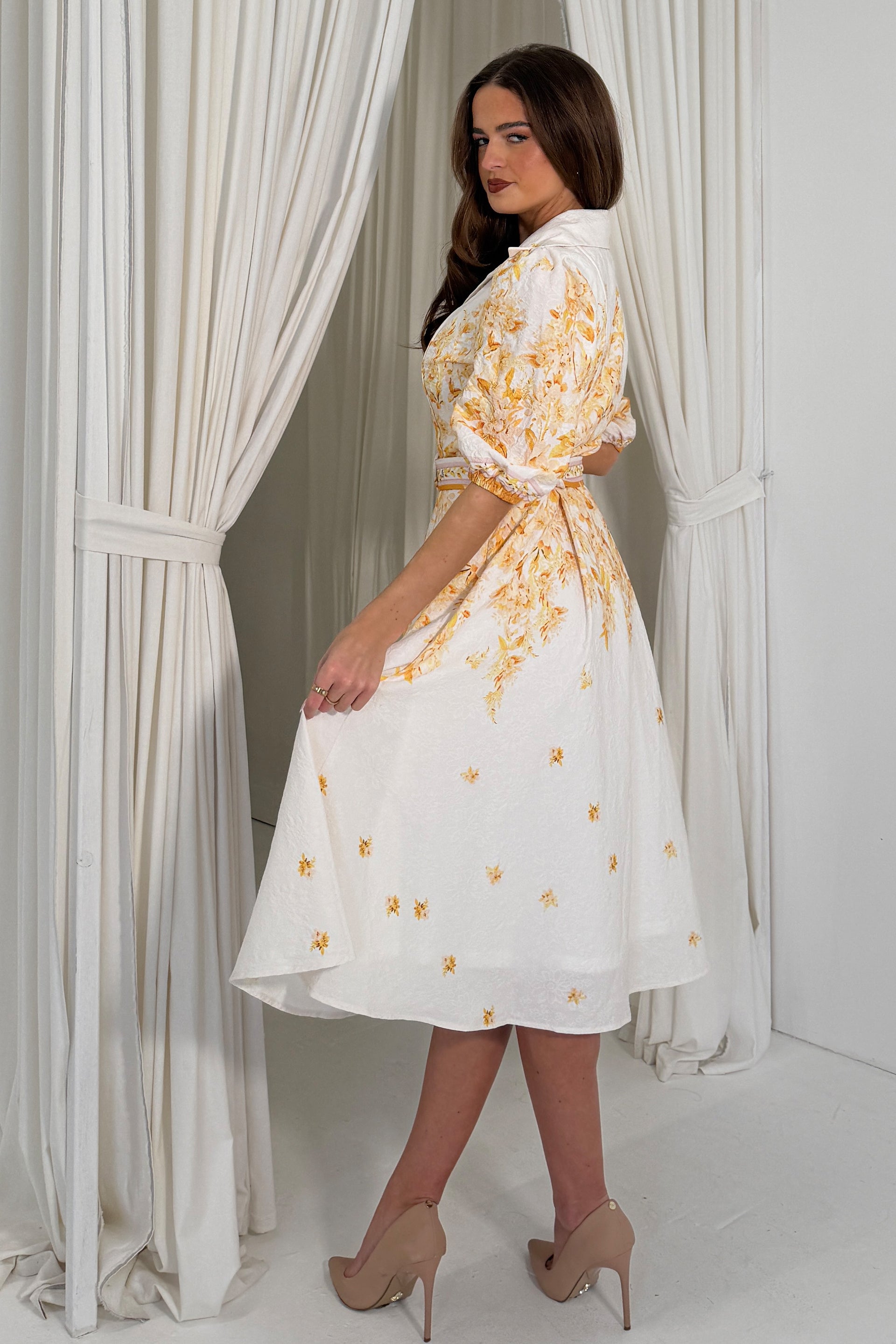 Holland Cream and Yellow Floral Collar Midi Dress