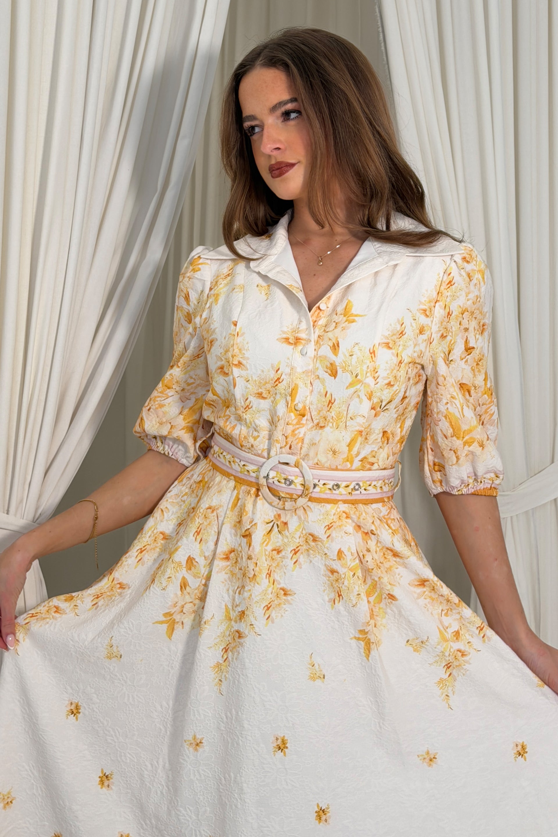 Holland Cream and Yellow Floral Collar Midi Dress