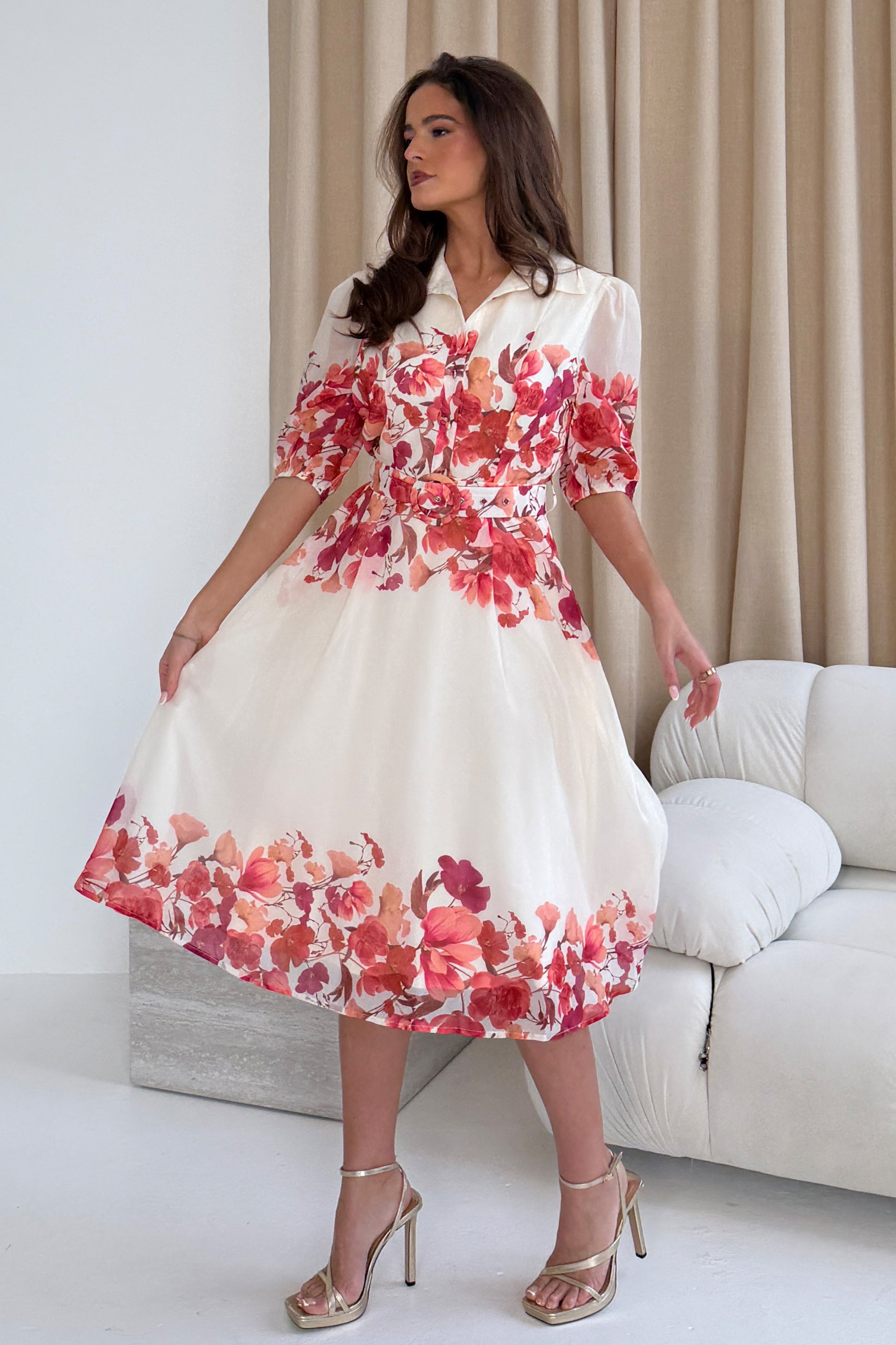 Holland Cream And Pink Floral Collar Midi Dress