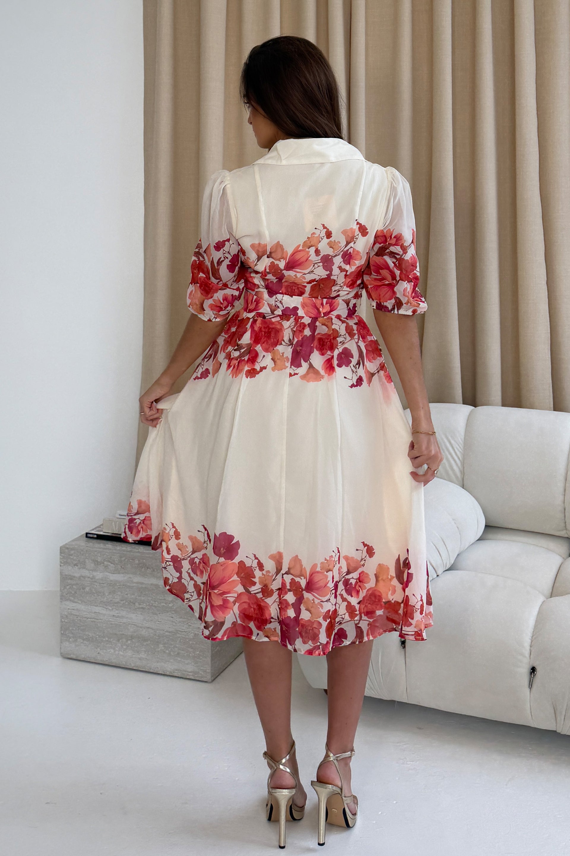 Holland Cream And Pink Floral Collar Midi Dress