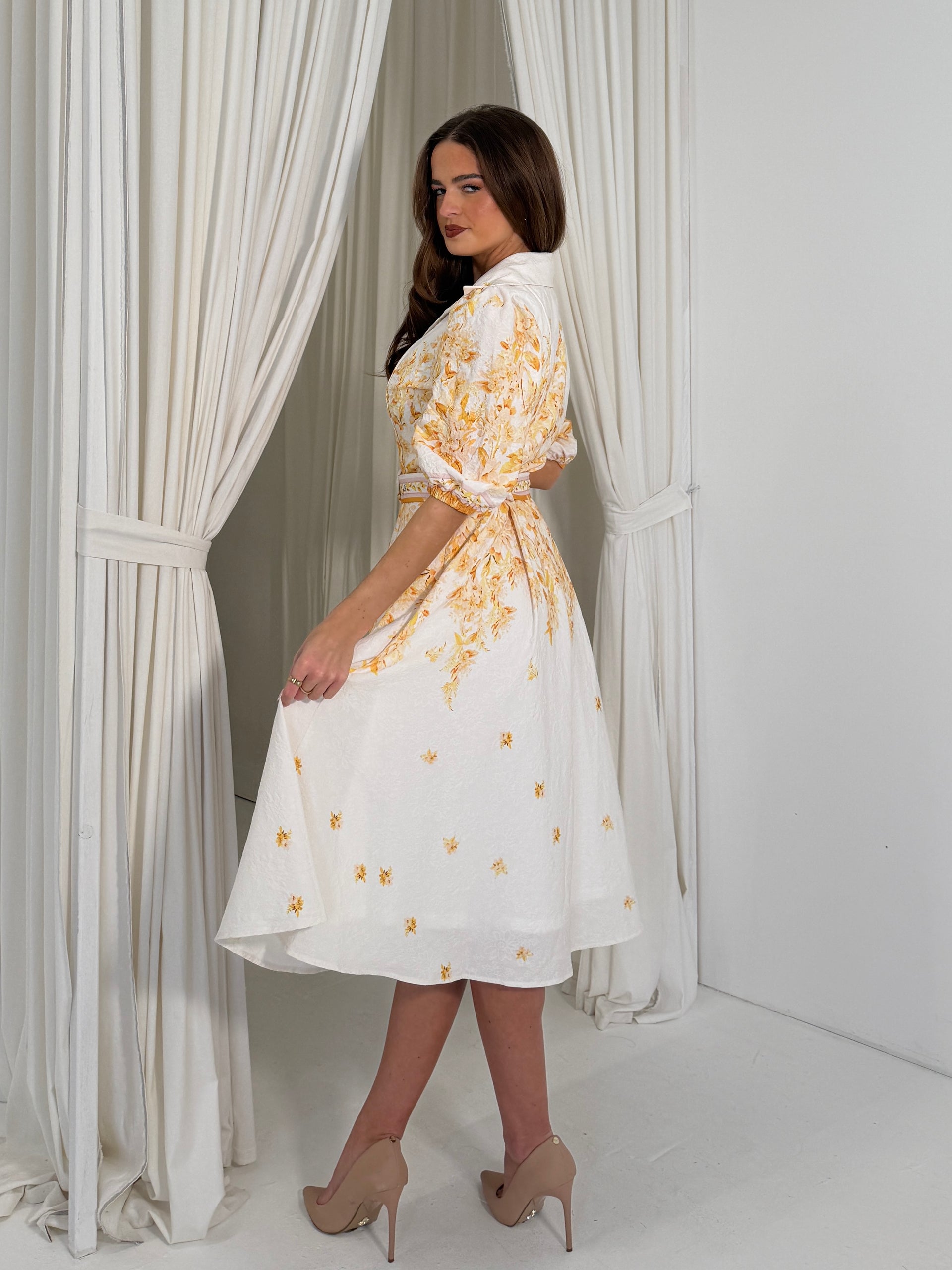Holland Cream and Yellow Floral Collar Midi Dress