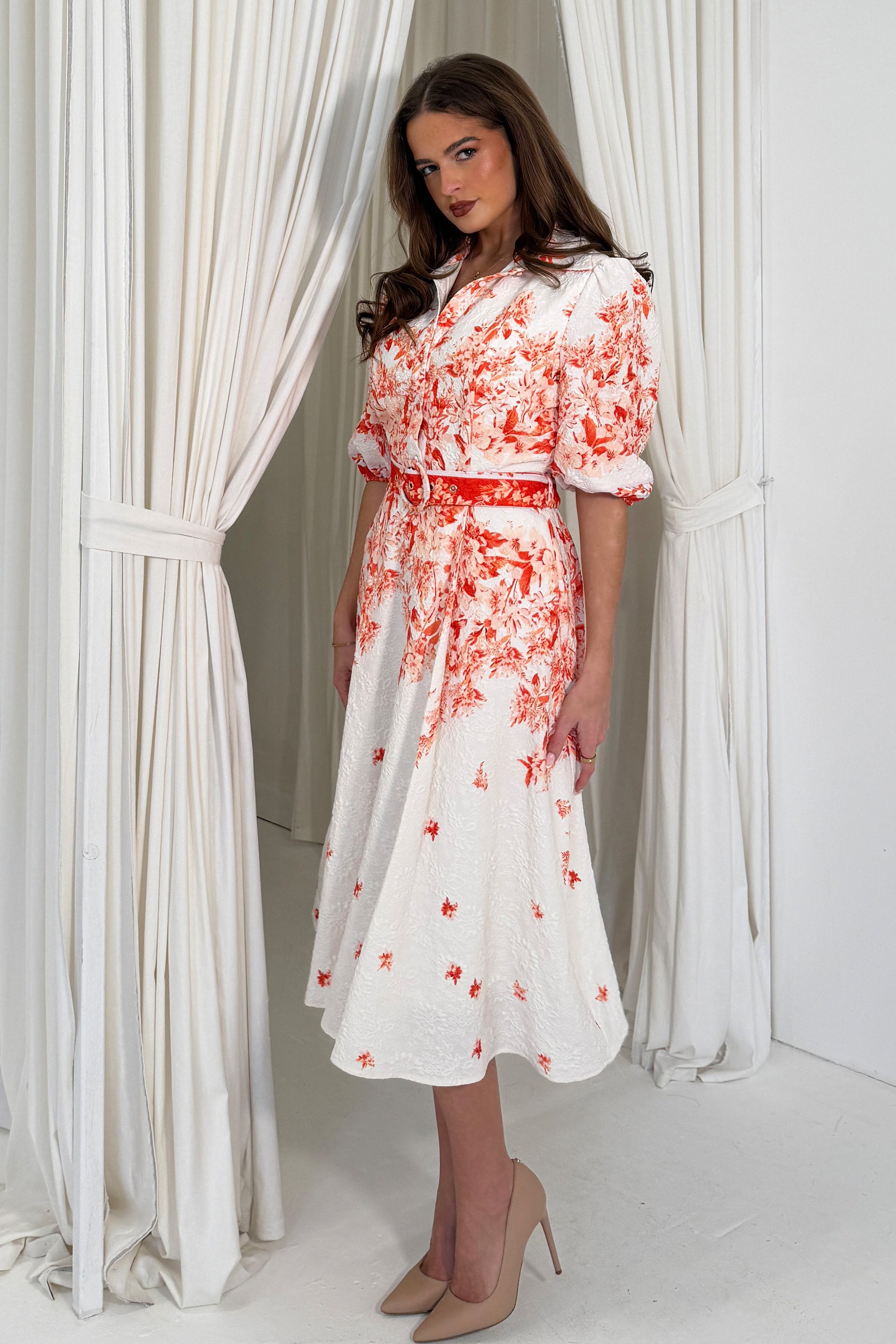 Holland Floral Border Print Midi Dress Orange