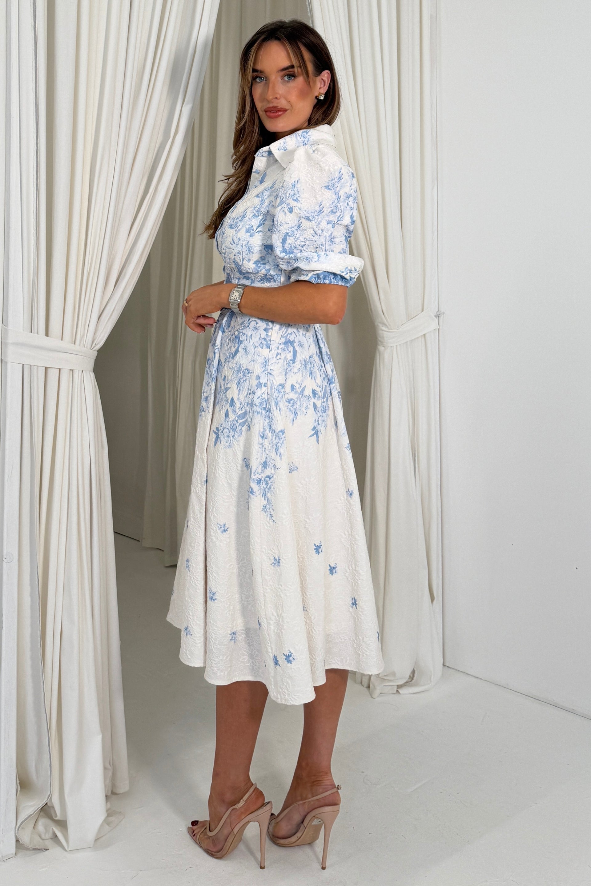 Holland Floral Border Print Midi Dress Blue