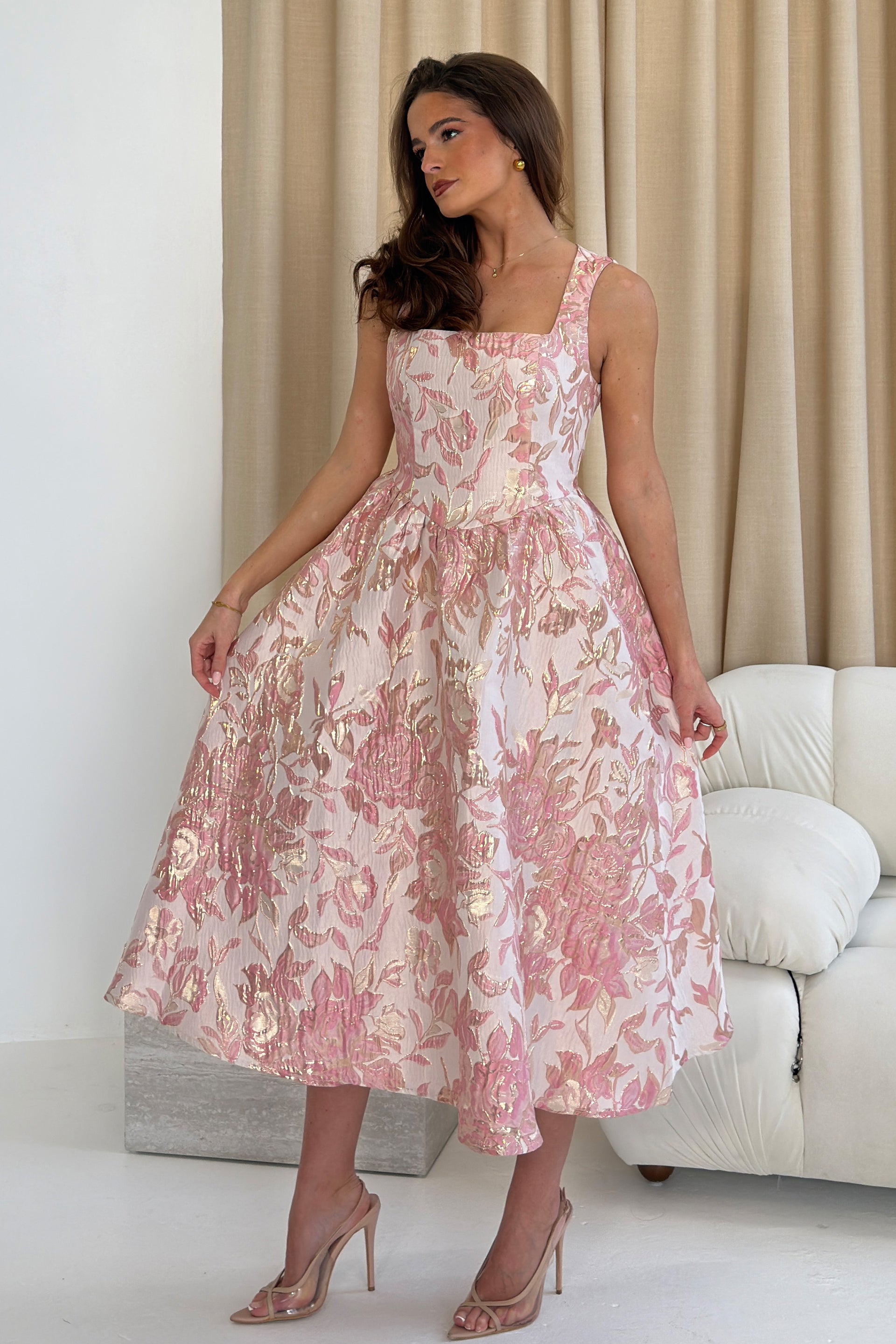 Rosie Strappy Floral Jacquard Midi Dress Pink Floral