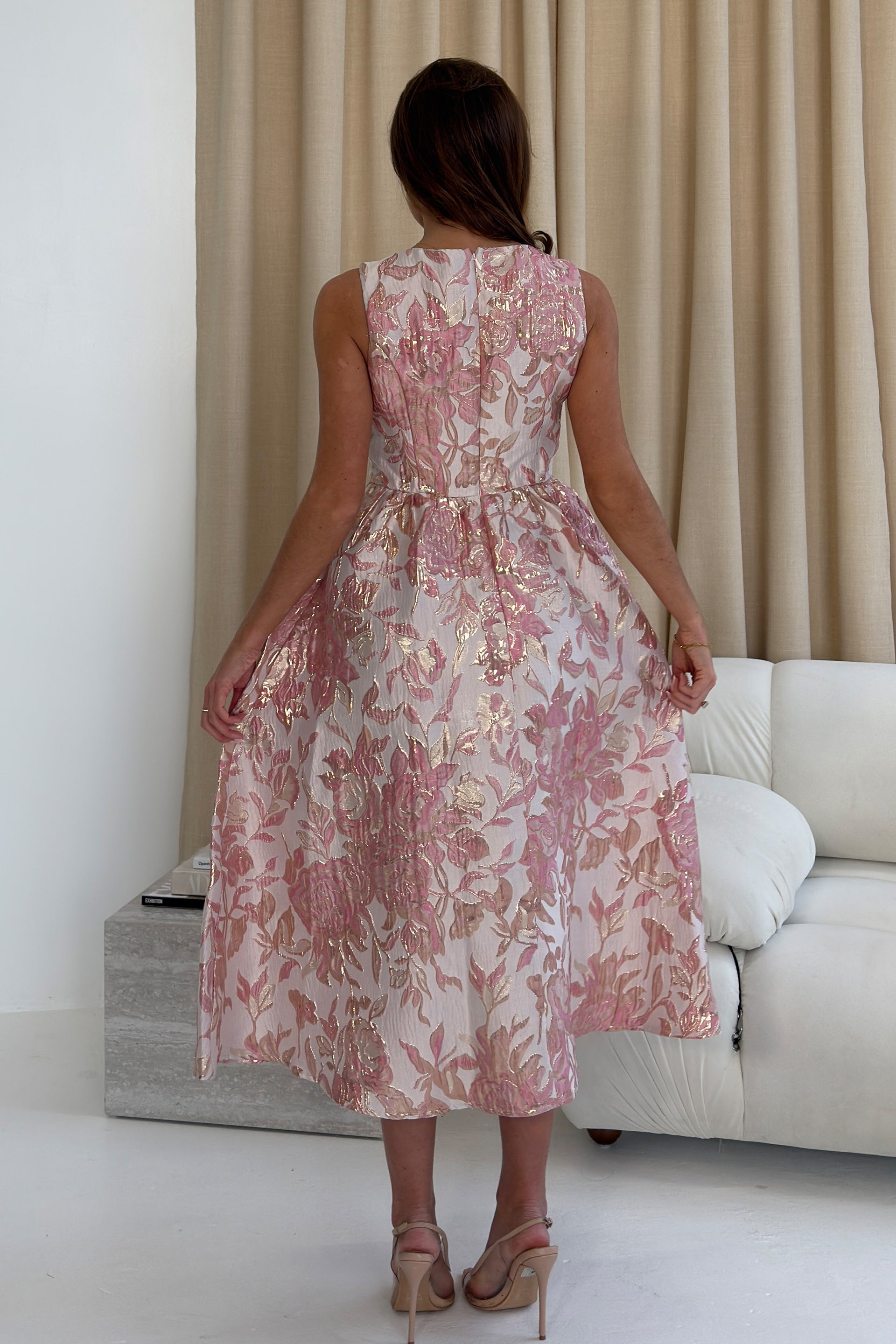 Rosie Strappy Floral Jacquard Midi Dress Pink Floral