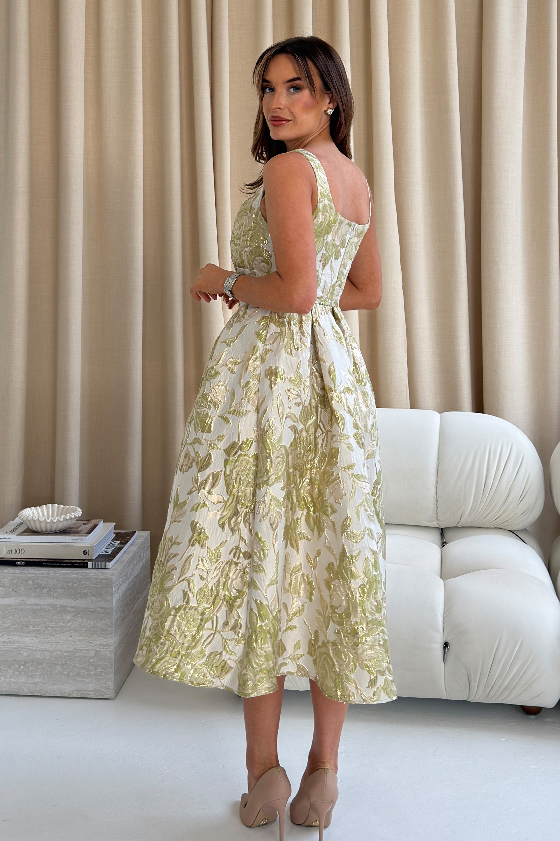 Camelia Sweetheart Neckline Midi Dress Green Floral – Girl In Mind