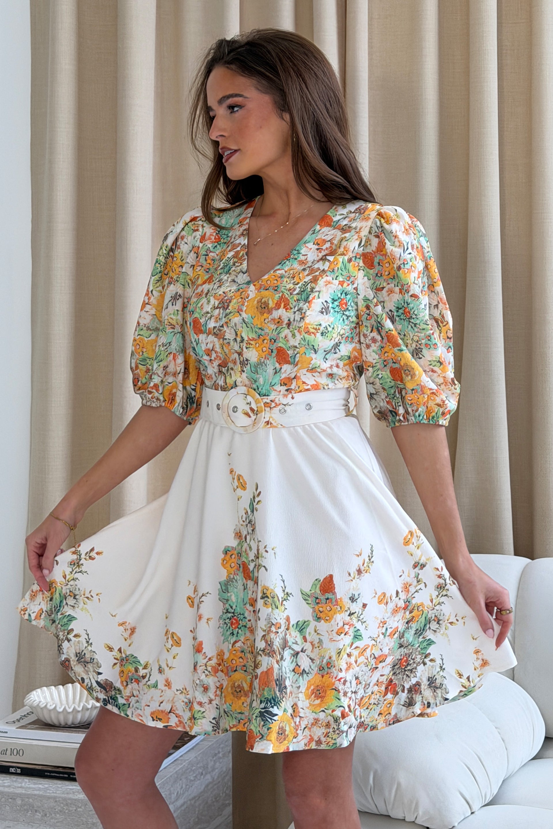 Azelia Puff Sleeve V Neck Mini Dress Yellow Floral