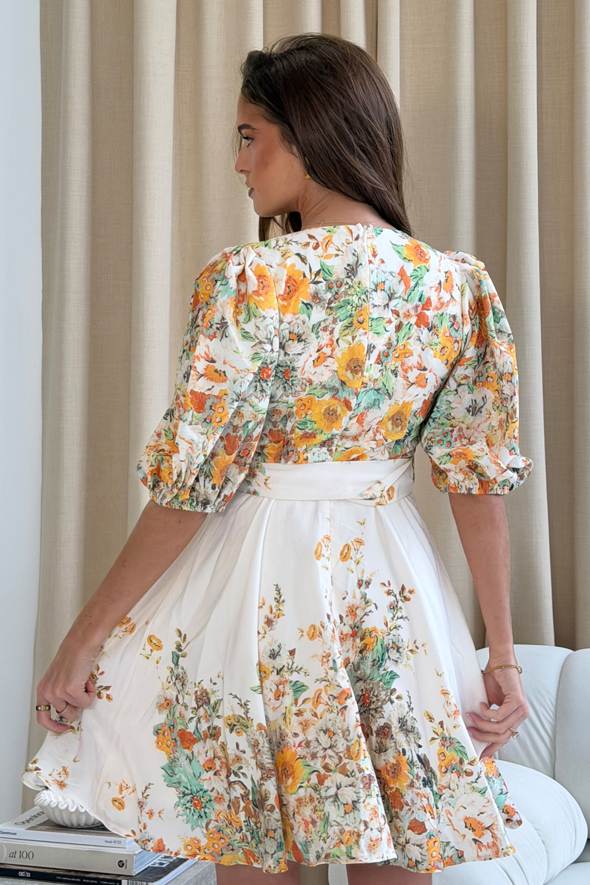 floral mini dress with sleeves Azelia Puff Sleeve V Neck Mini Dress Yellow Floral – Girl In Mind