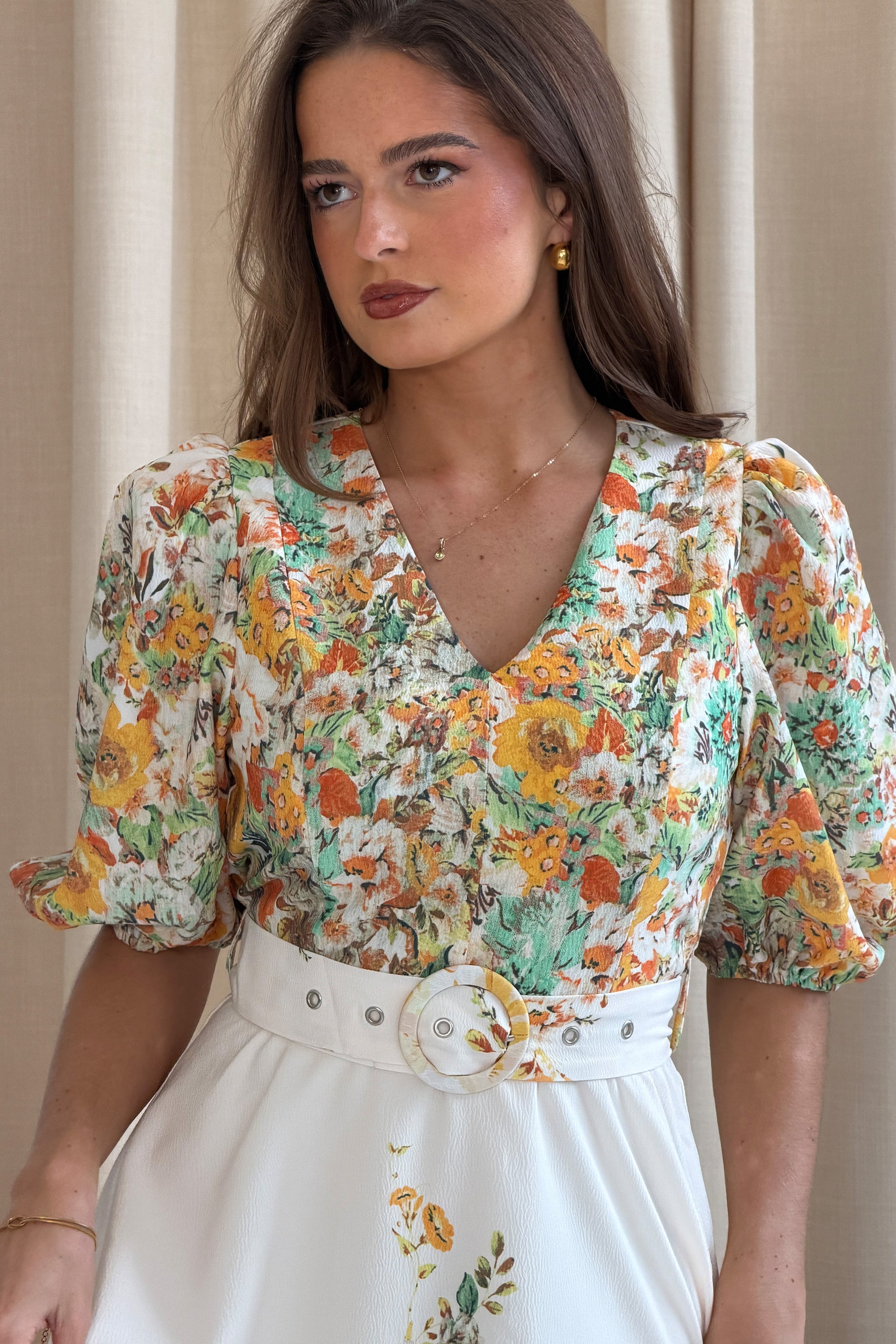 Azelia Puff Sleeve V Neck Mini Dress Yellow Floral
