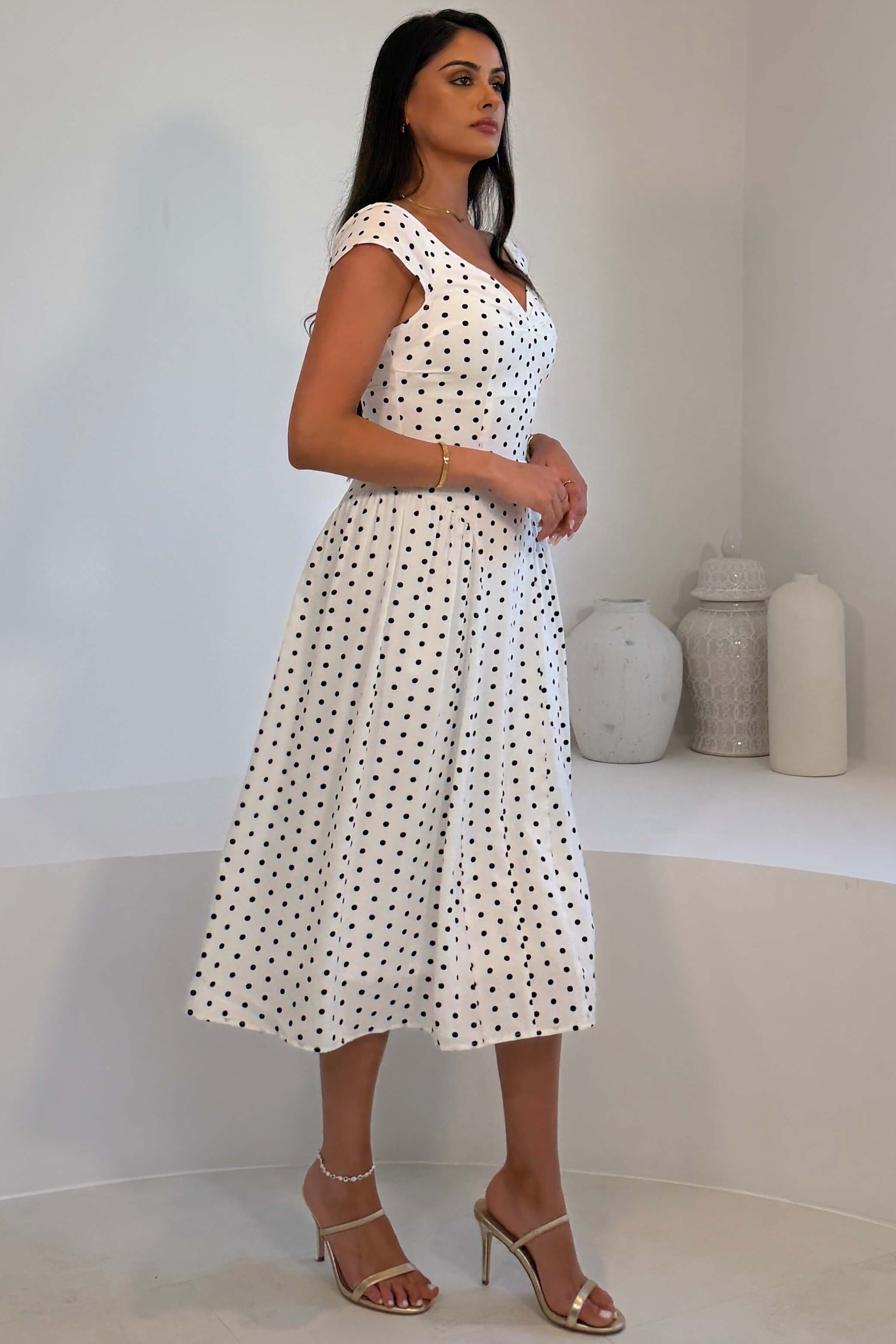 Ebby Pleated Bust Strappy Midi Dress White Spot