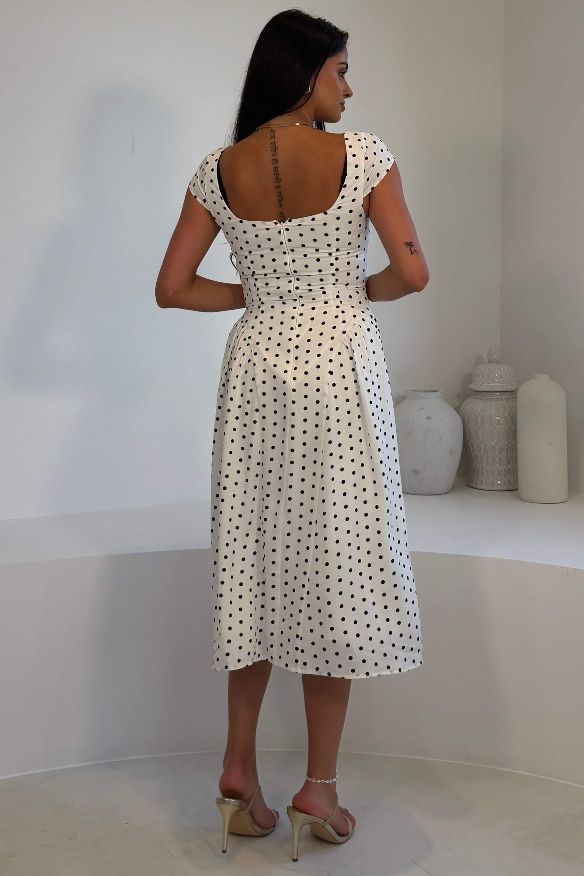 Ebby Pleated Bust Strappy Midi Dress White Spot