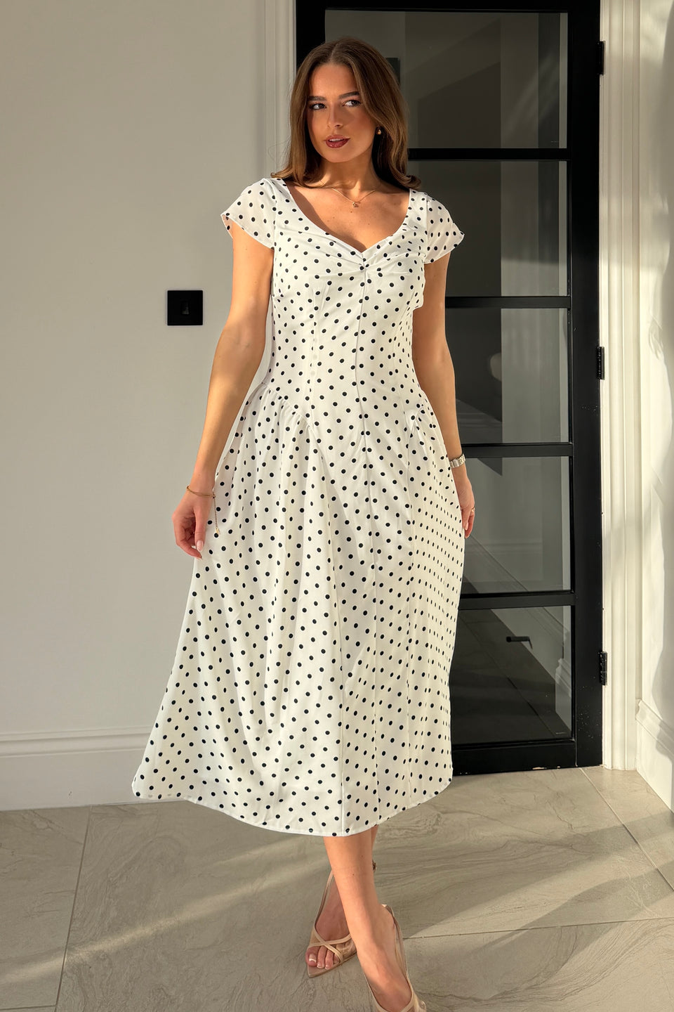 Ebby Pleated Bust Strappy Midi Dress White Spot