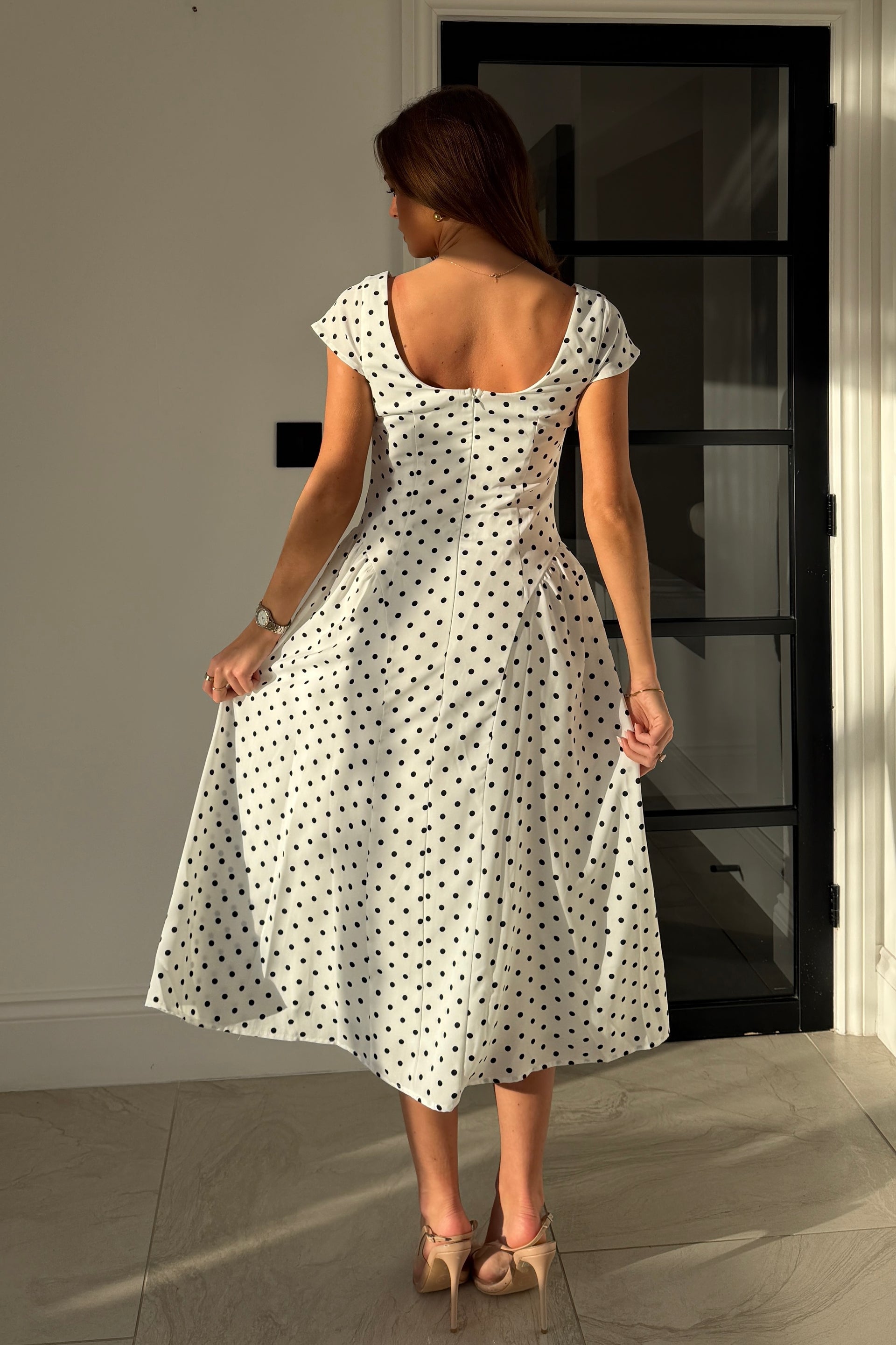 Ebby Pleated Bust Strappy Midi Dress White Spot