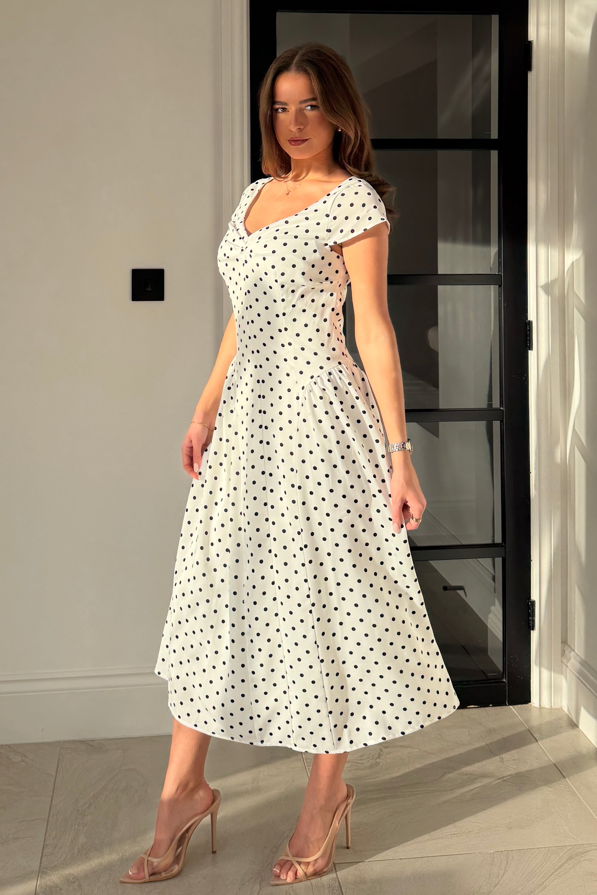 Ebby Pleated Bust Strappy Midi Dress White Spot