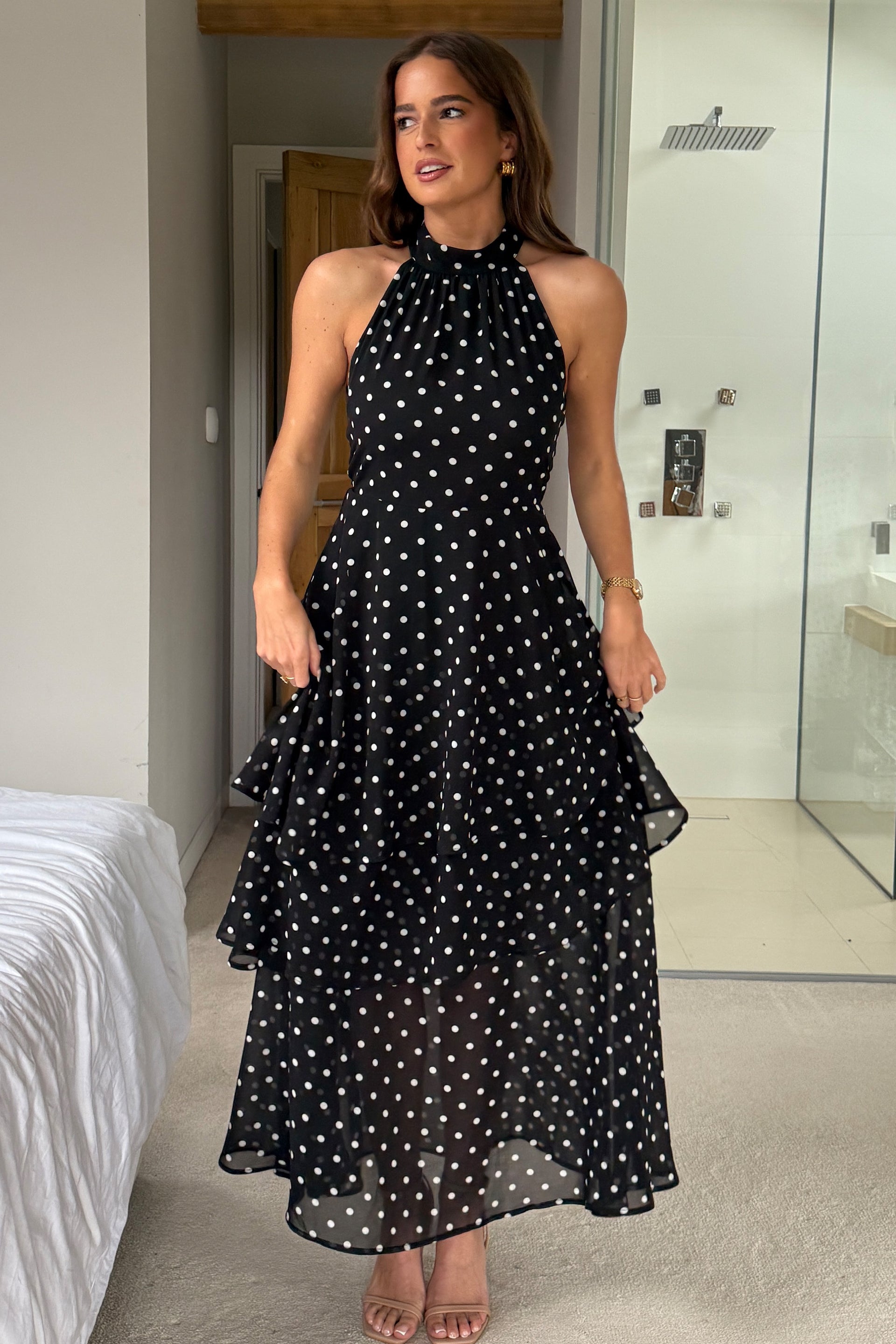 Iris Halterneck Layered Maxi Dress Black Spot Print