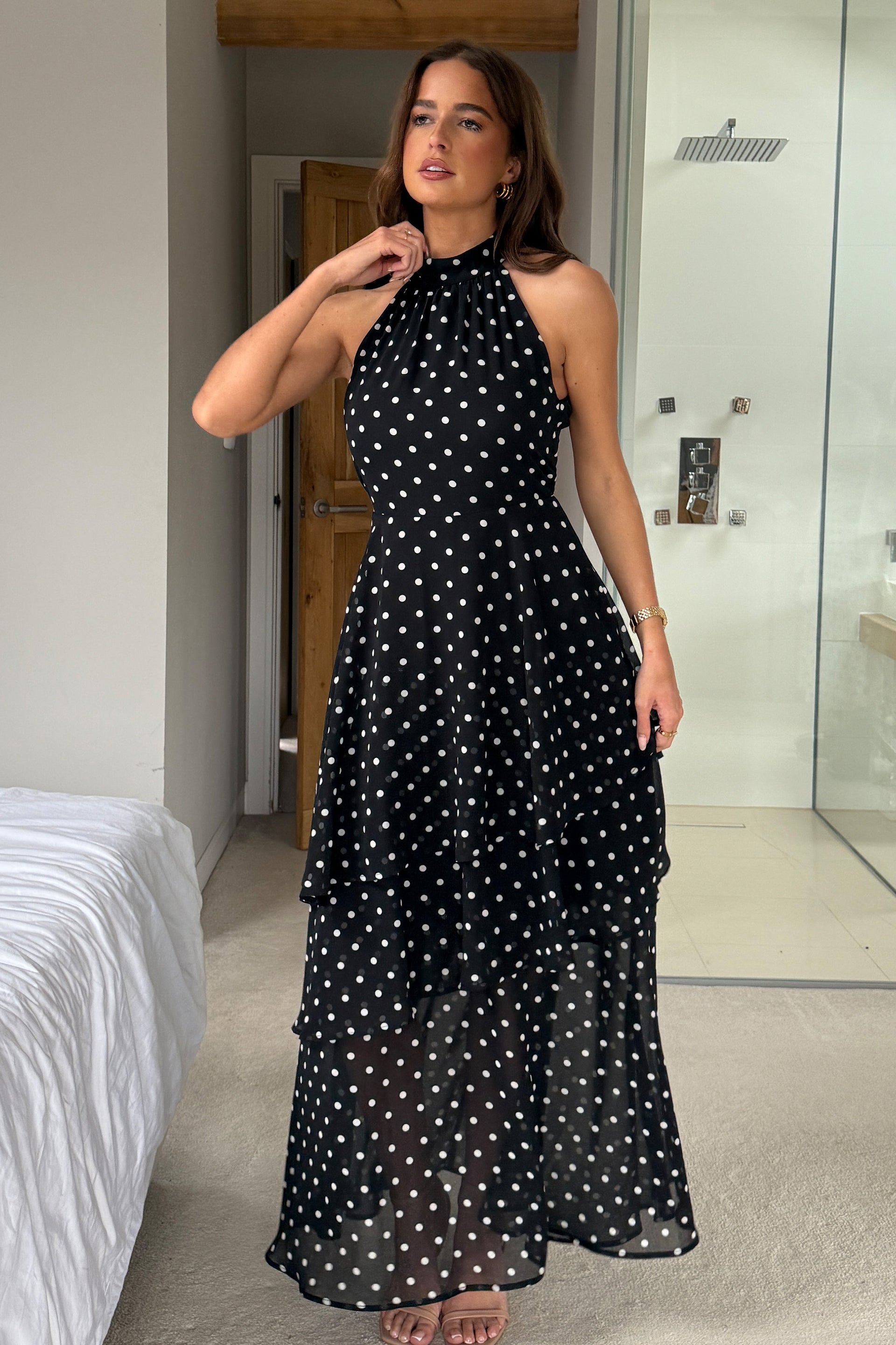 Iris Halterneck Layered Maxi Dress Black Spot Print