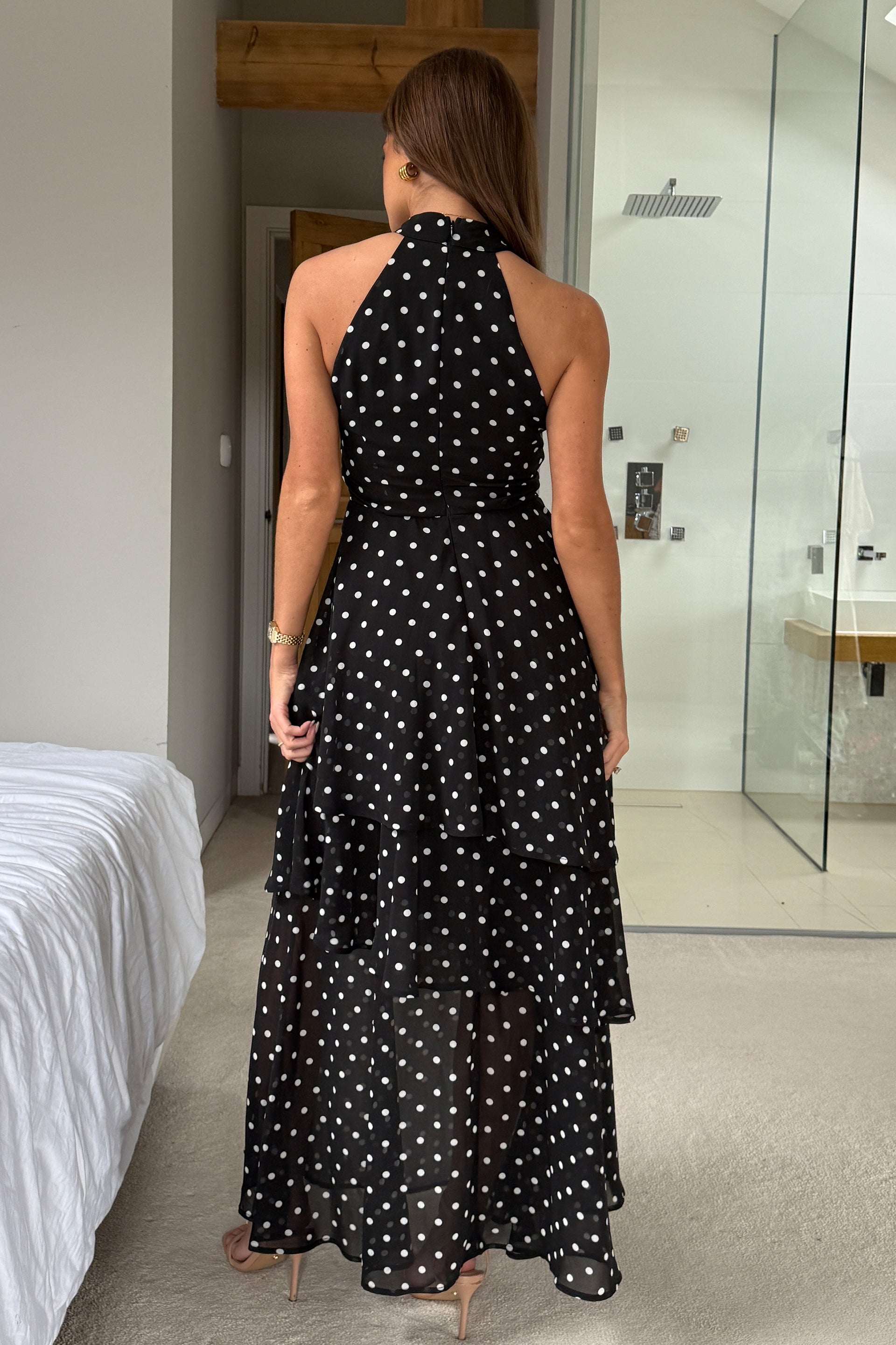 Iris Halterneck Layered Maxi Dress Black Spot Print