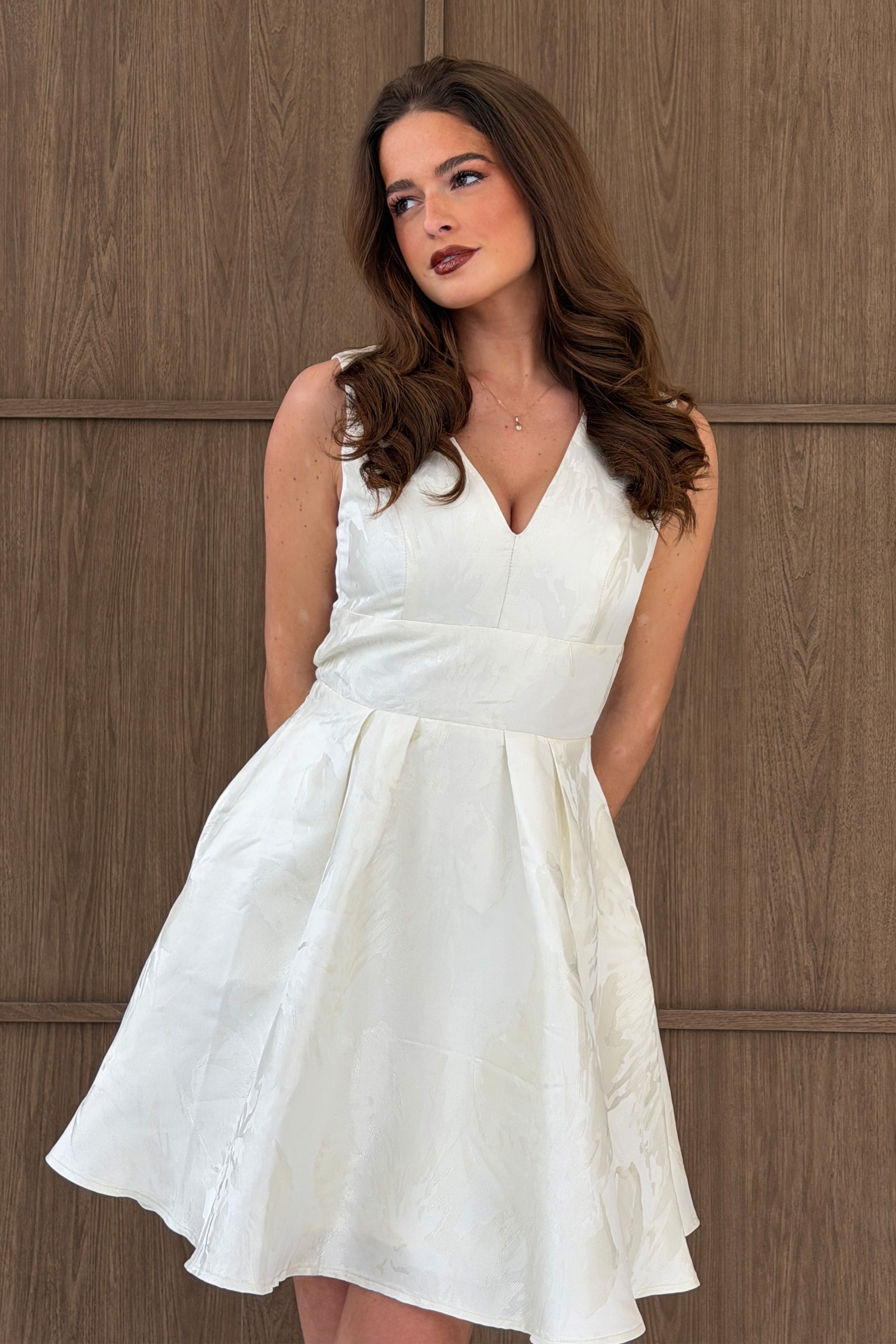 skater v neck dress Mandee V-Neck Lace Skater Dress With Pockets