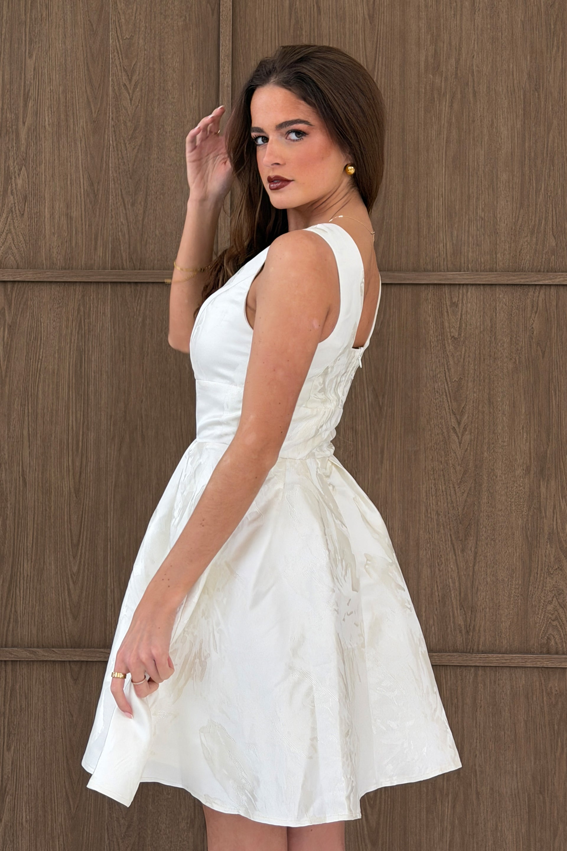 ivory skater dress Ivory boohoo Linen Look Shirred Skater Dress
