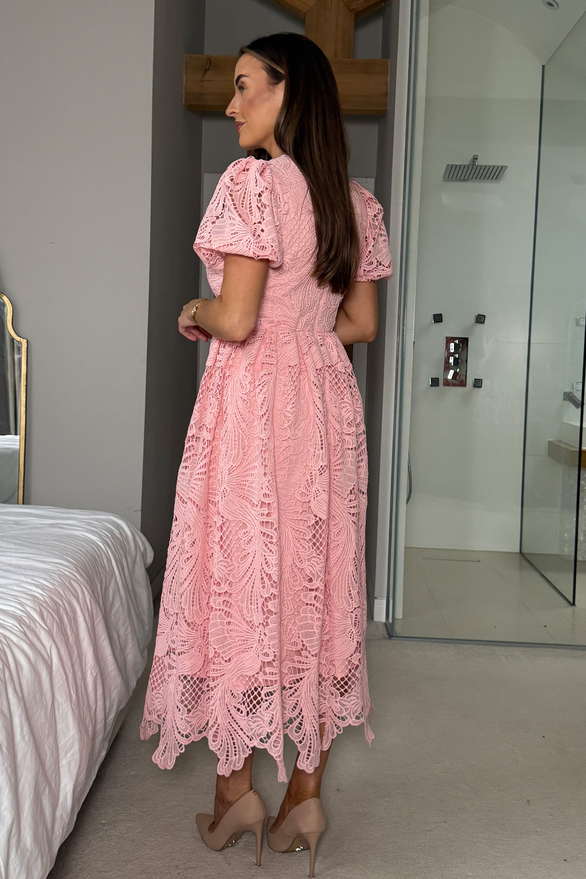 Marguerite Round Neck Puff Sleeve Midi Dress Pink Lace