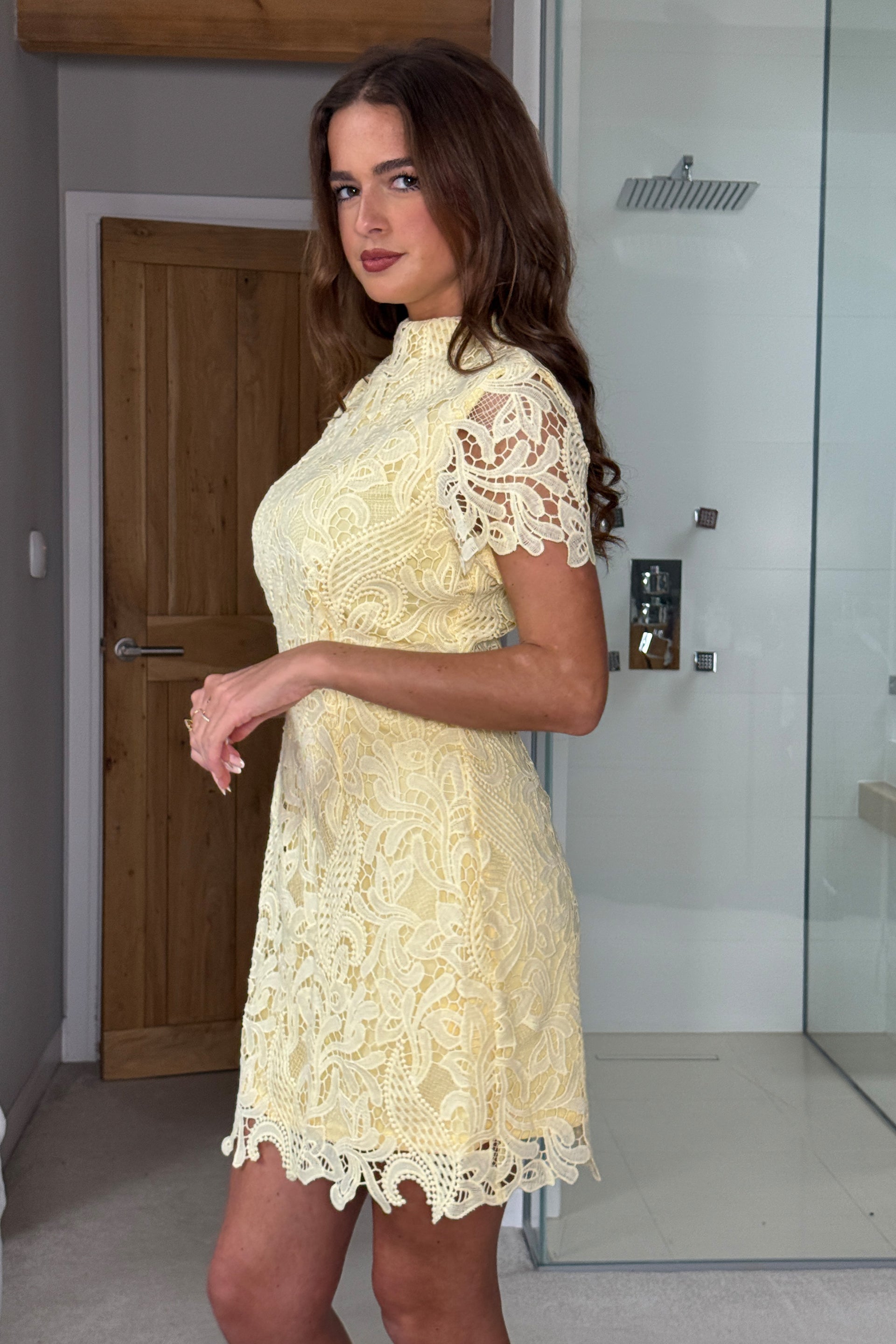 Maryam Cap Sleeve High Neck Lace Mini Dress Yellow