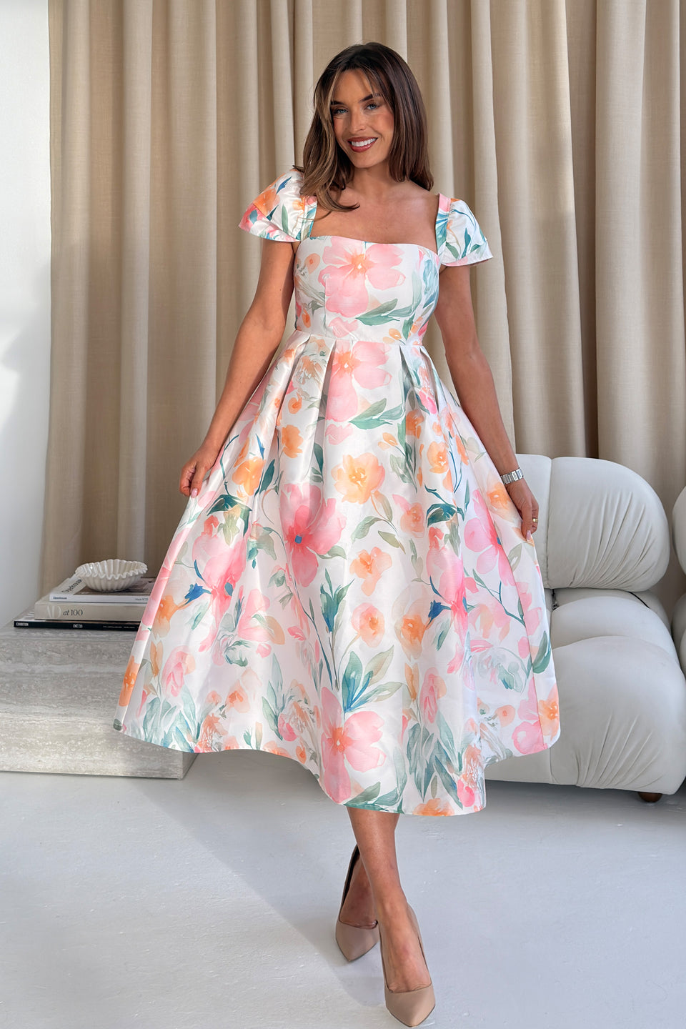 Prim Cap Sleeve Pastel Floral Midi Dress