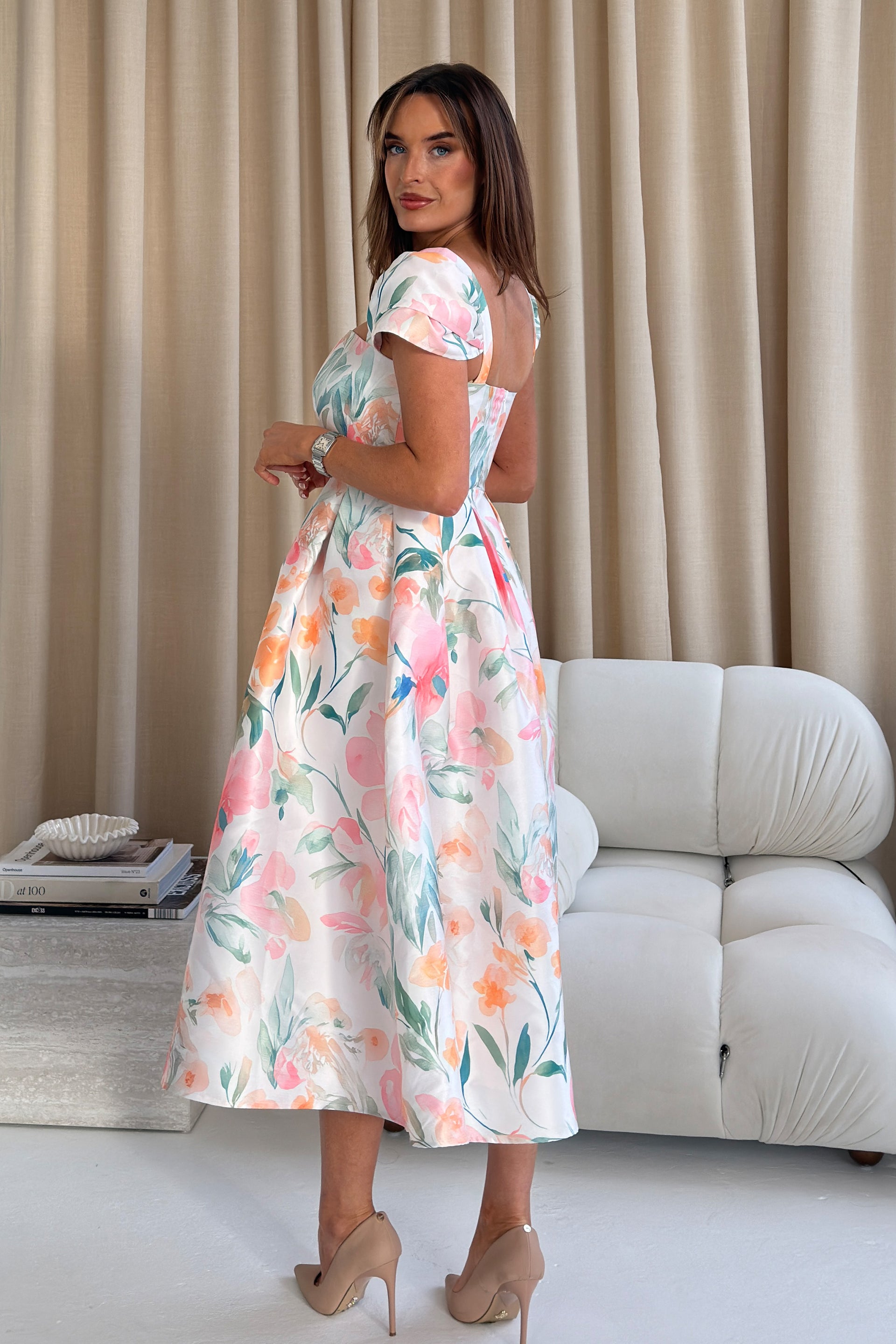 Prim Cap Sleeve Pastel Floral Midi Dress